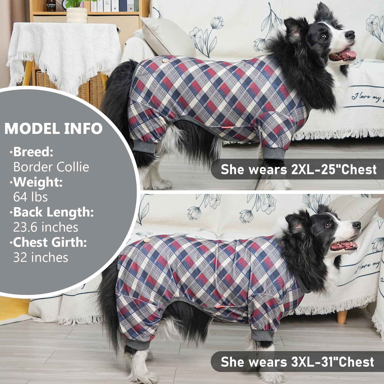 Kyeese Dog Pajamas Large Sized Dog Velvet Pjs Soft Pet Clothes Comfy Coat Stretchy Onesie Plaid Doggie Jammies, Grey, Xxxl