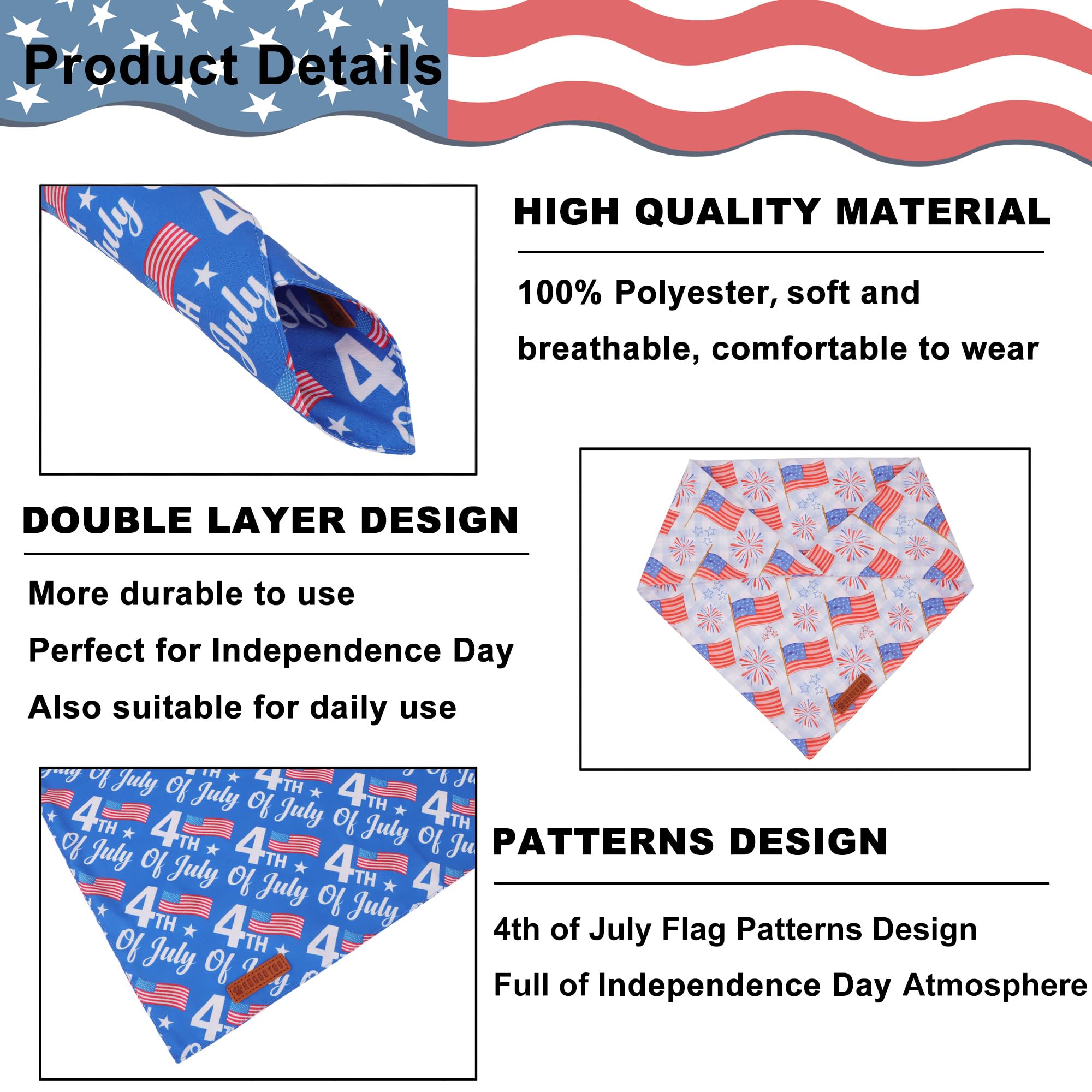 Adoggygo American Flag Dog Bandanas 2 Pack, Triangle Reversible Independence Day Pet Scarf Bib, Red Blue 4Th Of July Bandana For