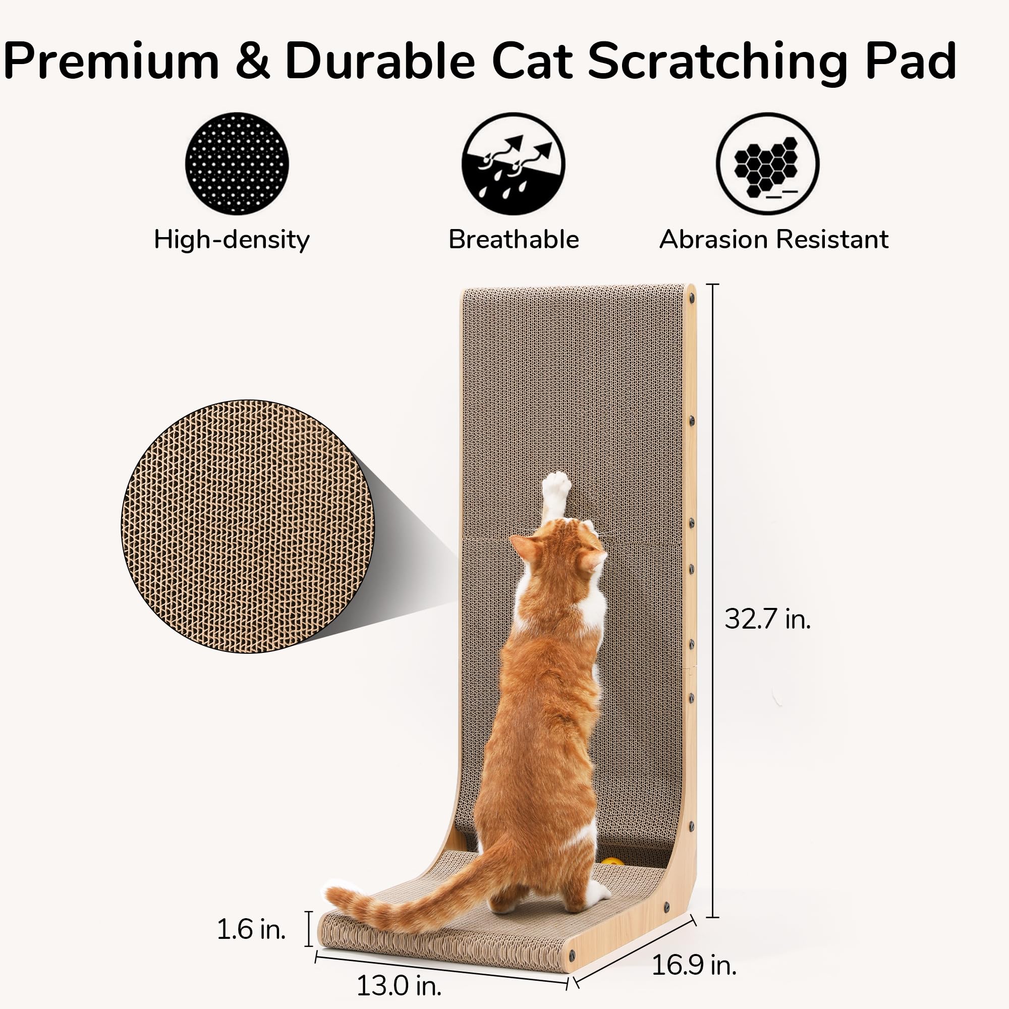 FUKUMARU Cat Scratcher, 32.7 Inch L Shape Cat Scratch Pad Wall Mounted, Cat Scratching Cardboard with Ball Toy for Indoor Cats,