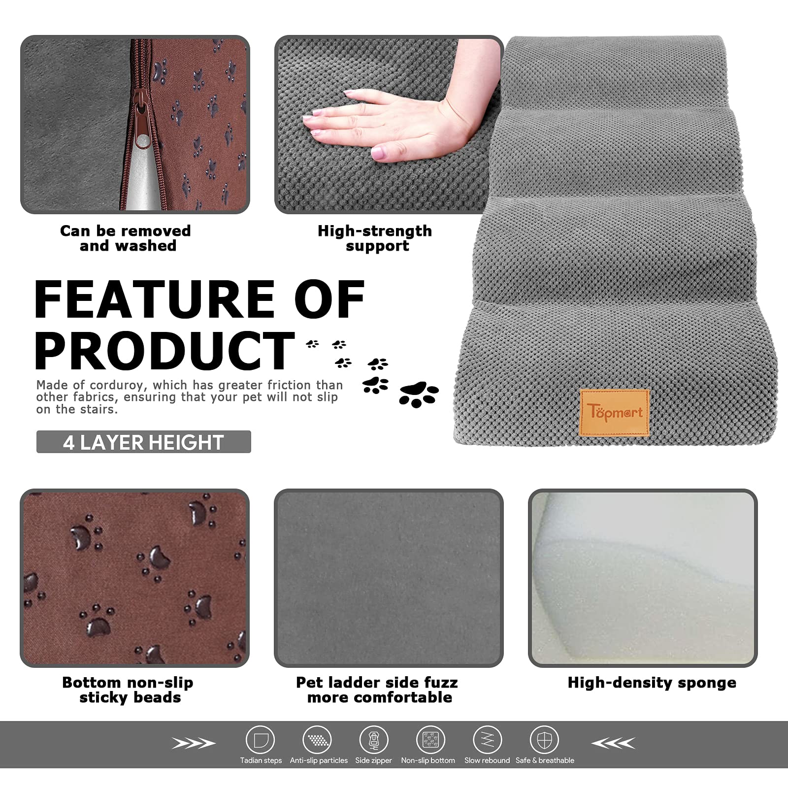 Topmart High Density Foam Dog Steps 4 Tiers,Extra Wide Deep Pet Steps,Non-Slip Pet Stairs,Dog Ramp For Bed,Soft Foam Dog Ladder,Best For Older Dogs Injured,Older Pets,Cats With Joint Pain