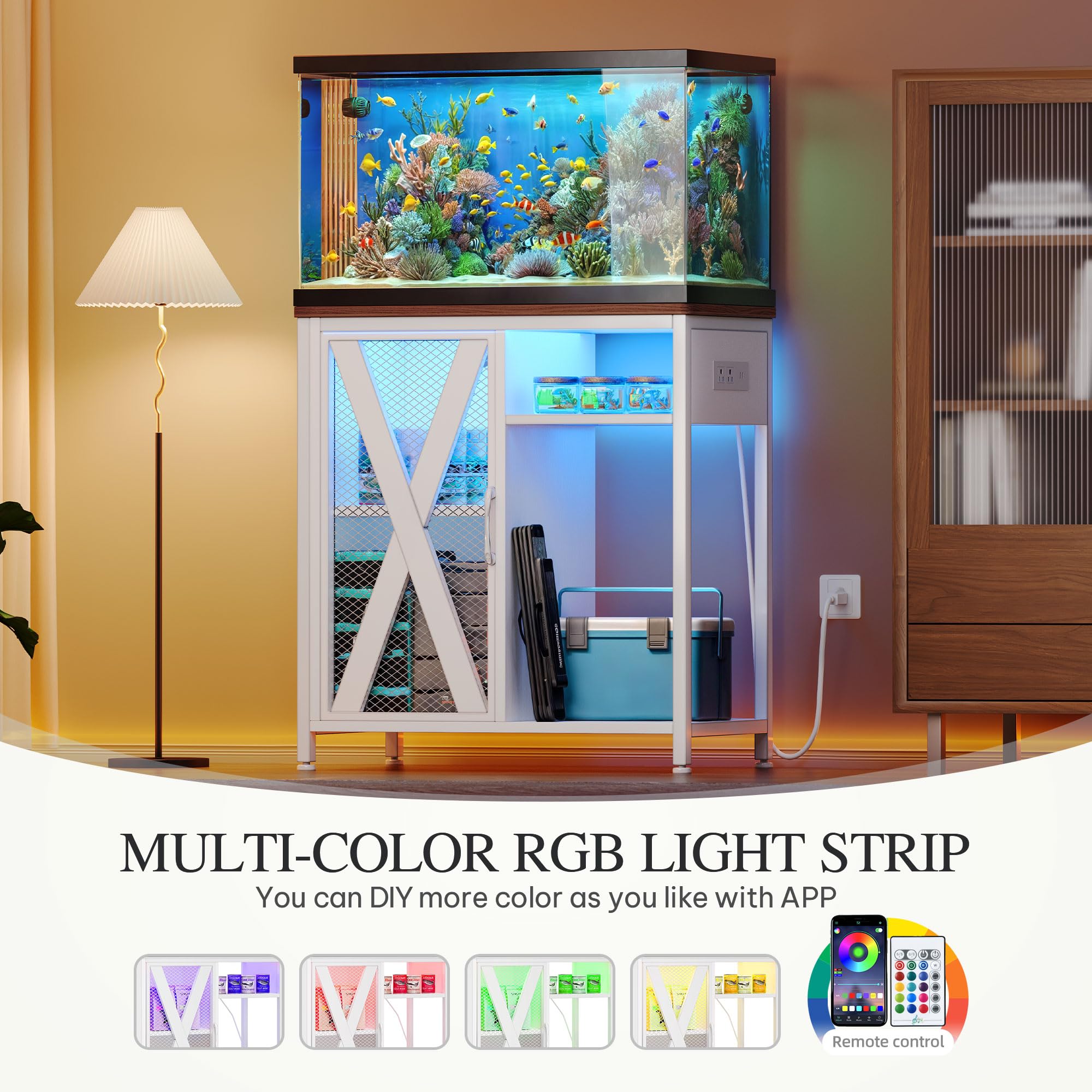 YITAHOME Fish Tank Stand with Power Outlets & LED Light, 20-29 Gallon Metal Aquarium Stand with Cabinet for Fish Tank Accessorie