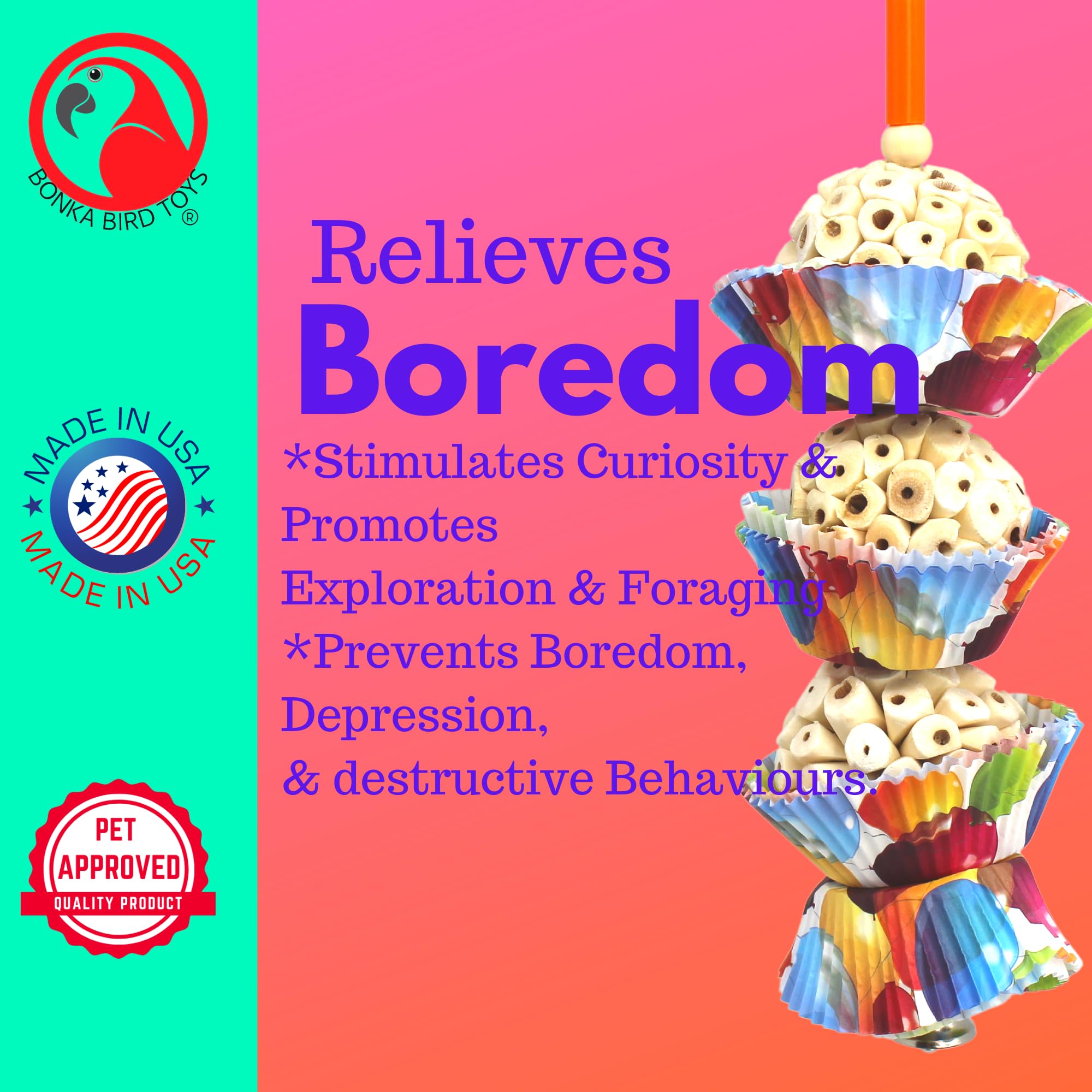 Bonka Bird Toys 1931 Three Cake, 11.75' Hanging Bird Toy With Sola Balls, Cupcake Cups, Wooden Beads, Bell, And Straw, Chewable And Shreddable, Safe For Parrots, And Small Birds