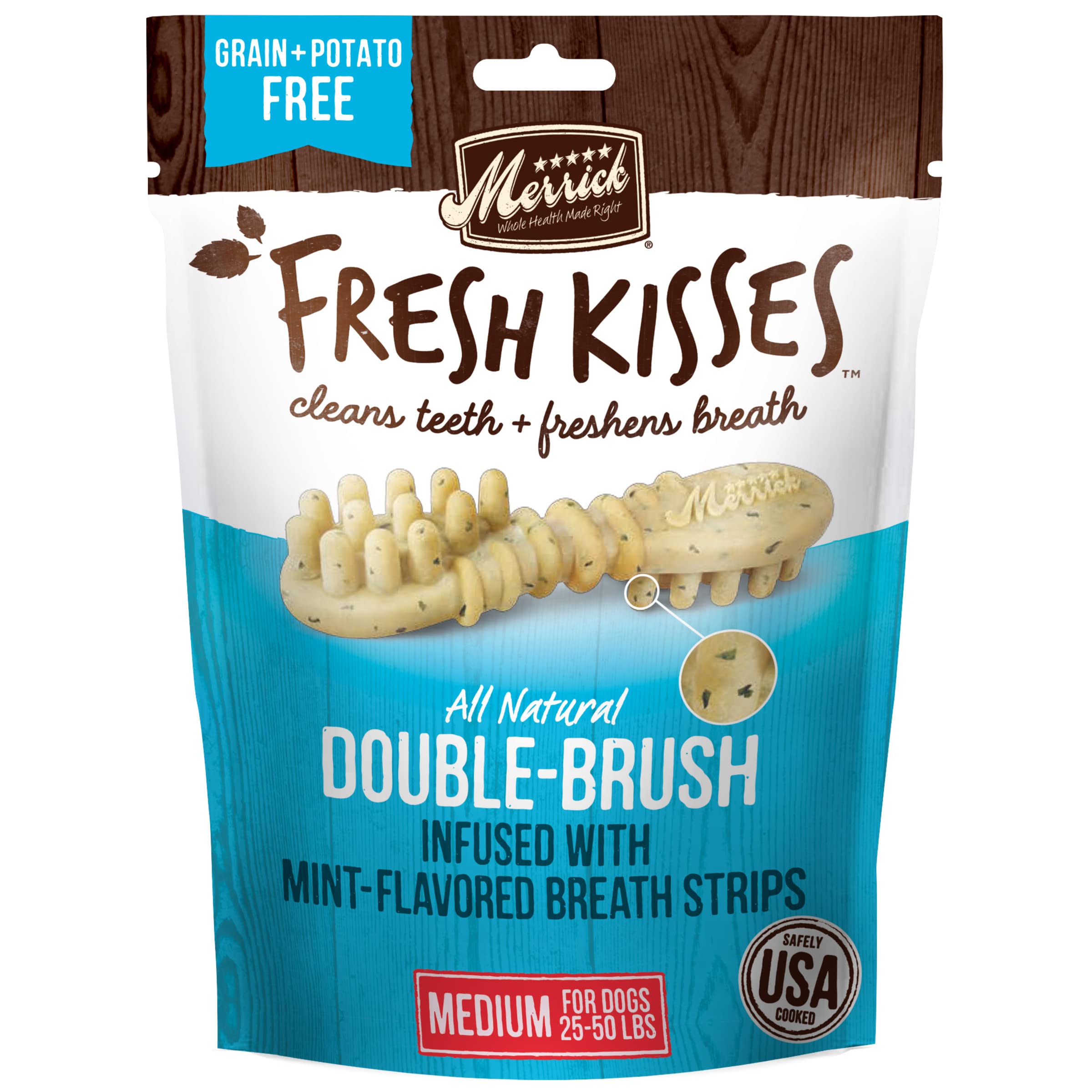 Merrick Fresh Kisses Natural Dental Chews Toothbrush Shape Treat Infused With Real Mint Medium Dogs - 6 ct. Bag