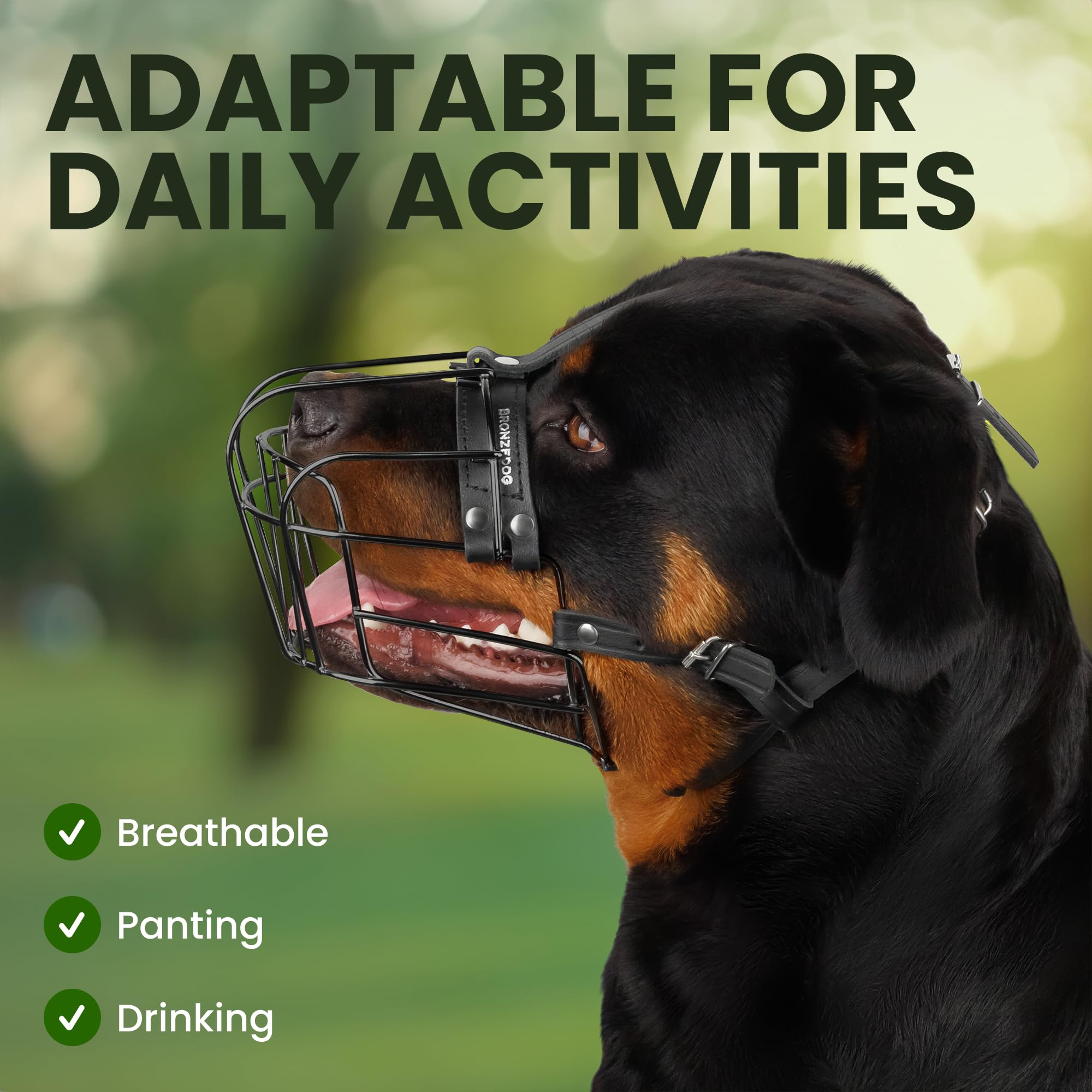 BRONZEDOG Dog Muzzle Adjustable Durable Metal Wire Basket for Large and Extra Large Dogs with Leather Straps Breathable, Drinkab