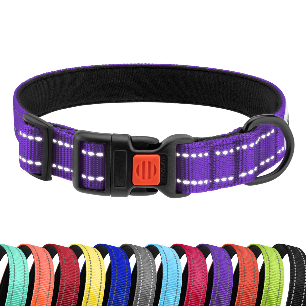 Collardirect Reflective Padded Dog Collar For A Small, Medium, Large Dog Or Puppy With A Quick Release Buckle - Boy And Girl - Nylon Suitable For Swimming (12-16 Inch, Purple)