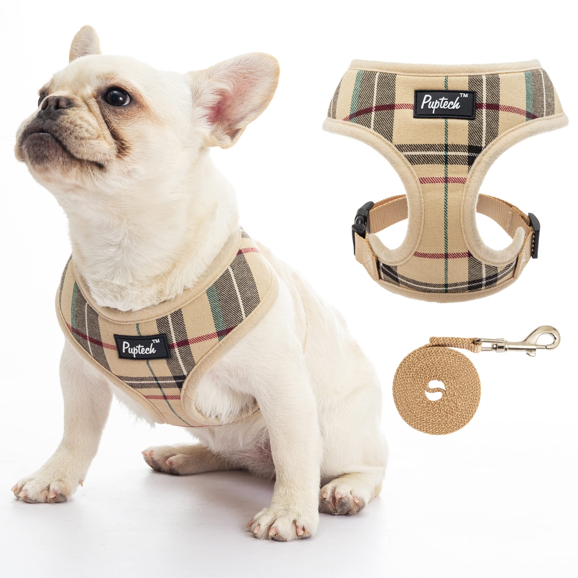 Pupteck Soft Mesh Dog Harness And Leash Set Pet Puppy Cat Comfort Padded Vest No Pull Harnesses, Blue&Brown, Xs