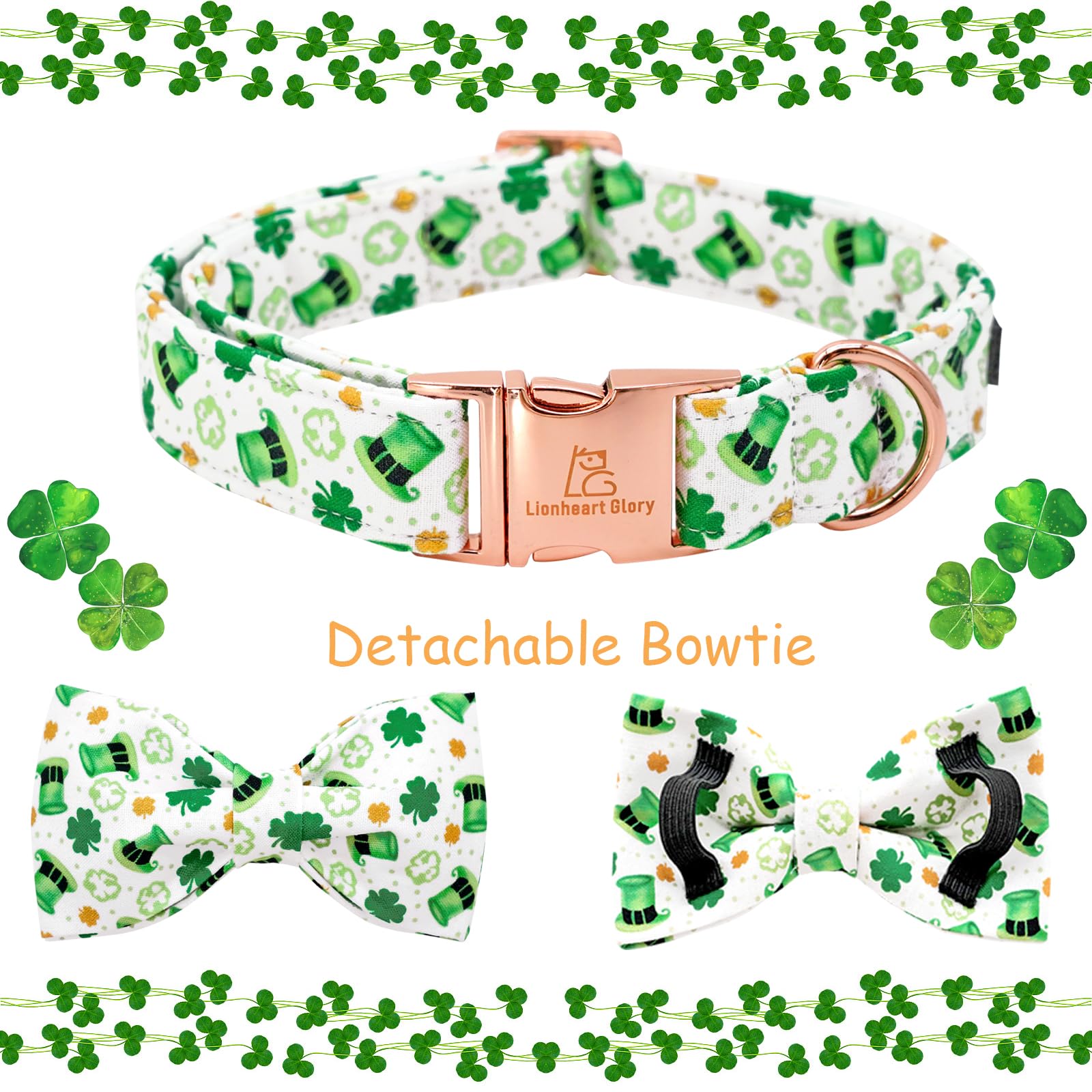 Lionheart Glory St. Patrick'S Day Dog Collar - Adjustable Green Collar With Lucky Clover Shamrock Bow For X-Small Dogs