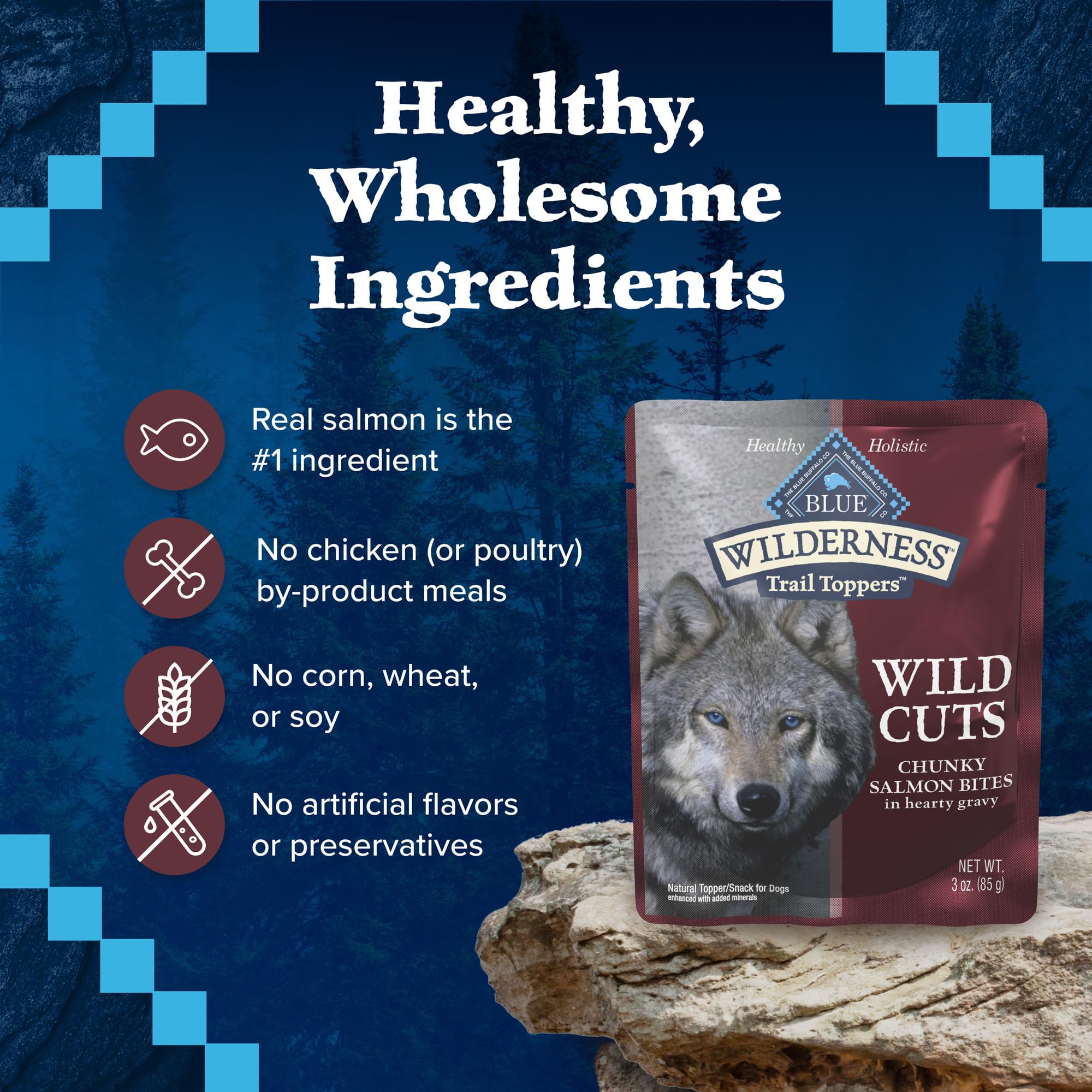 Blue Buffalo Wilderness Trail Toppers Wild Cuts Natural High-Protein Dog Wet Food, Salmon Bites in Hearty Gravy, 3-oz Pouch, 24