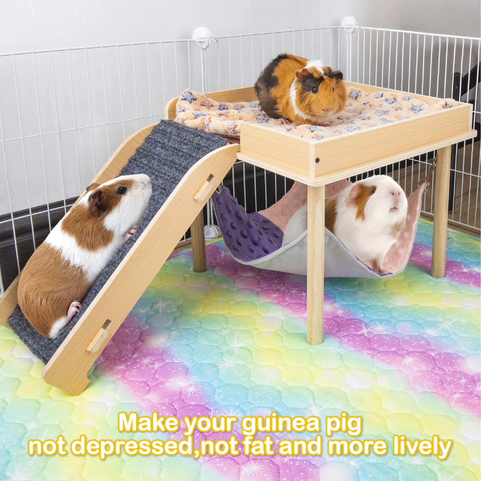 Besnew Enlarged Guinea Pig Hammock With Platform And Stairs,Wooden Small Animal Hideout For Guinea Pigs Bunny Ferret Hamster Hid