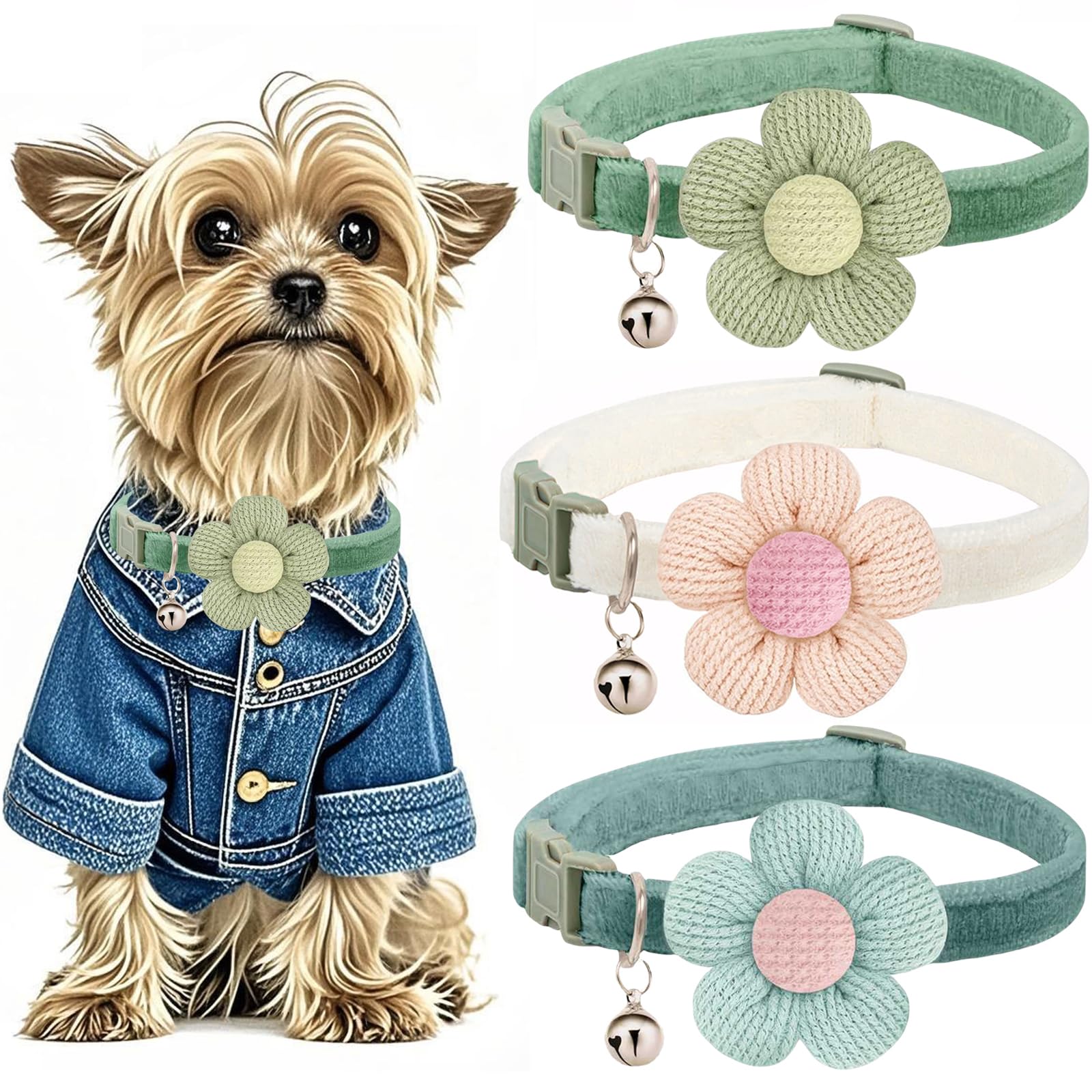 Puppy Collars, Small Dog Collar For Girl Boy, Xs Dog Collars For Small Dogs For Female Male Dogs With Flower And Bell (White + G