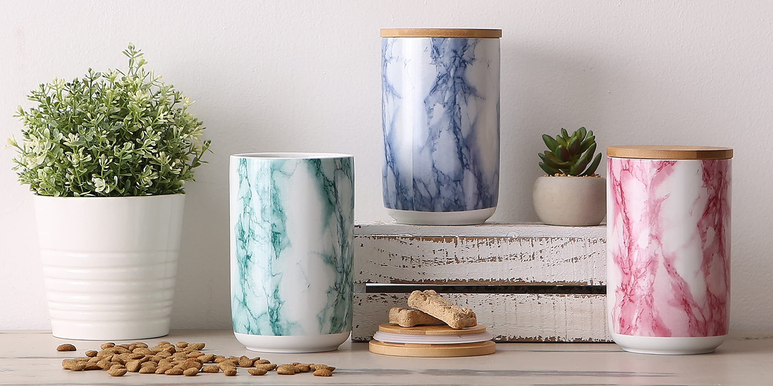 Bone Dry Ceramic Marble Treat Jar for Pets Dishwasher Safe, Dishwasher Safe, Bamboo Lid - Push & Twist to Close, Canister, 4x6.5