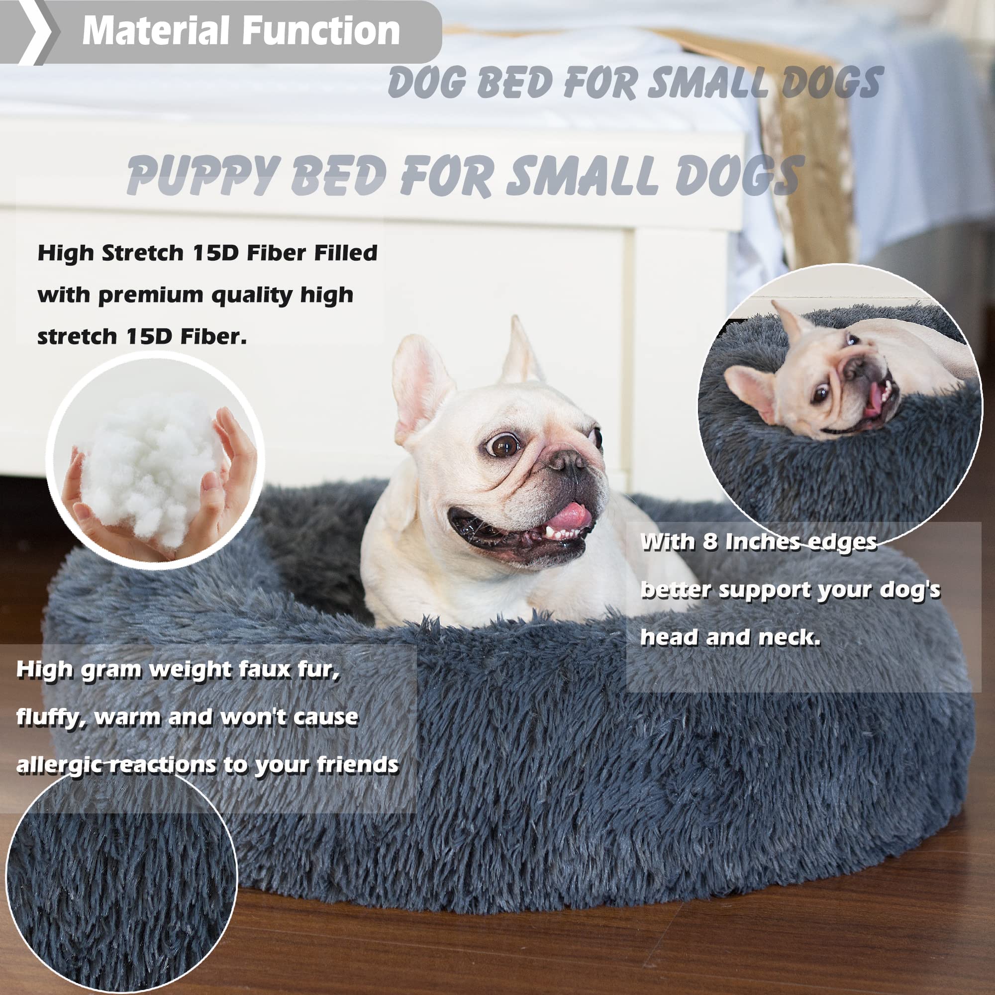 Puppy Bed For Calming Dog 23 Inches Dark Gray Anti-Anxiety Donut Dog Bed For Small Medium Dogs Washable Fuzzy Dog Bed Fits Up To