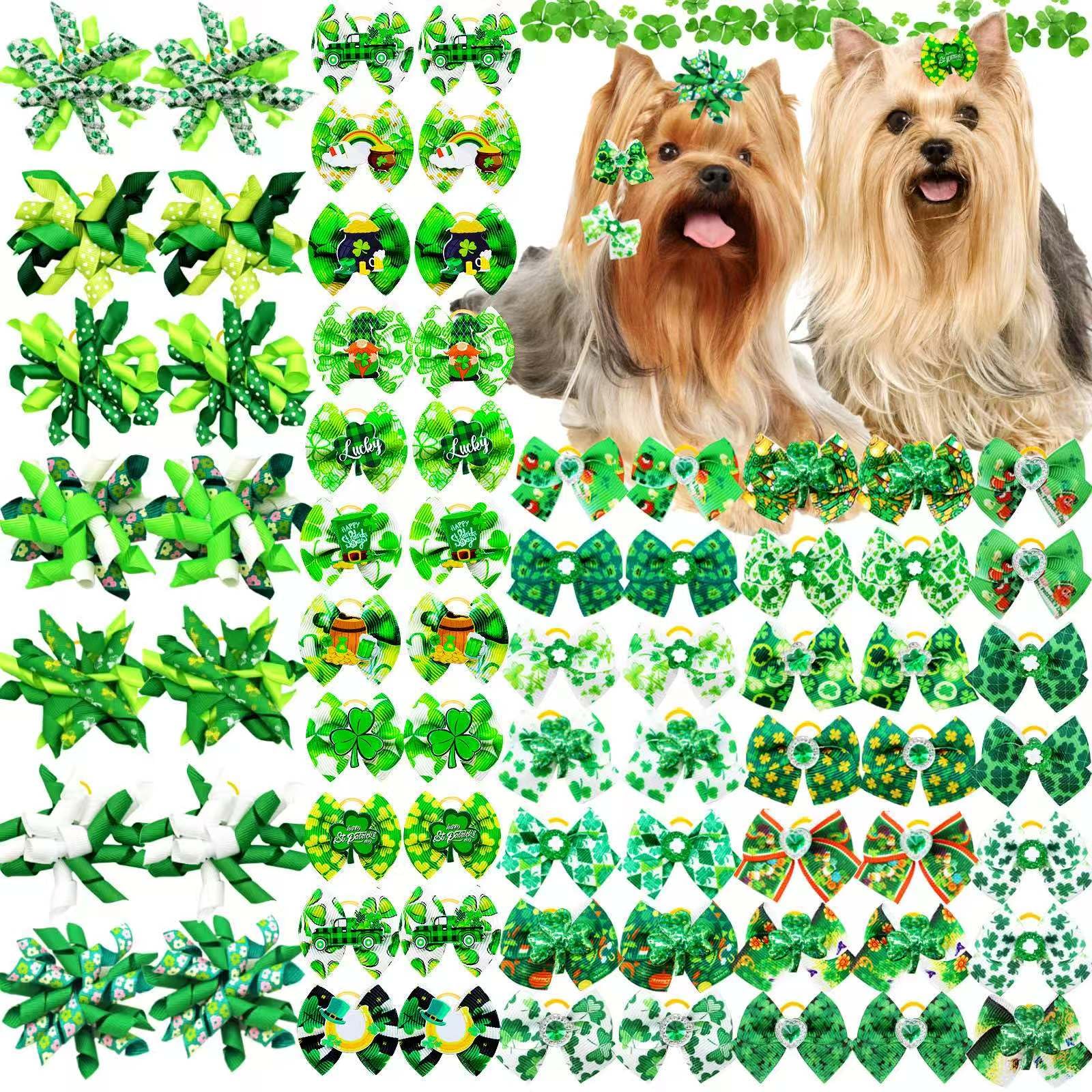 Senniea 60Pcs St. Patrick'S Day Pet Dog Bow And Flower Bow Set Bowknot Dog Hair Bows With Rubber Bands For Festive Fun, Shamrock