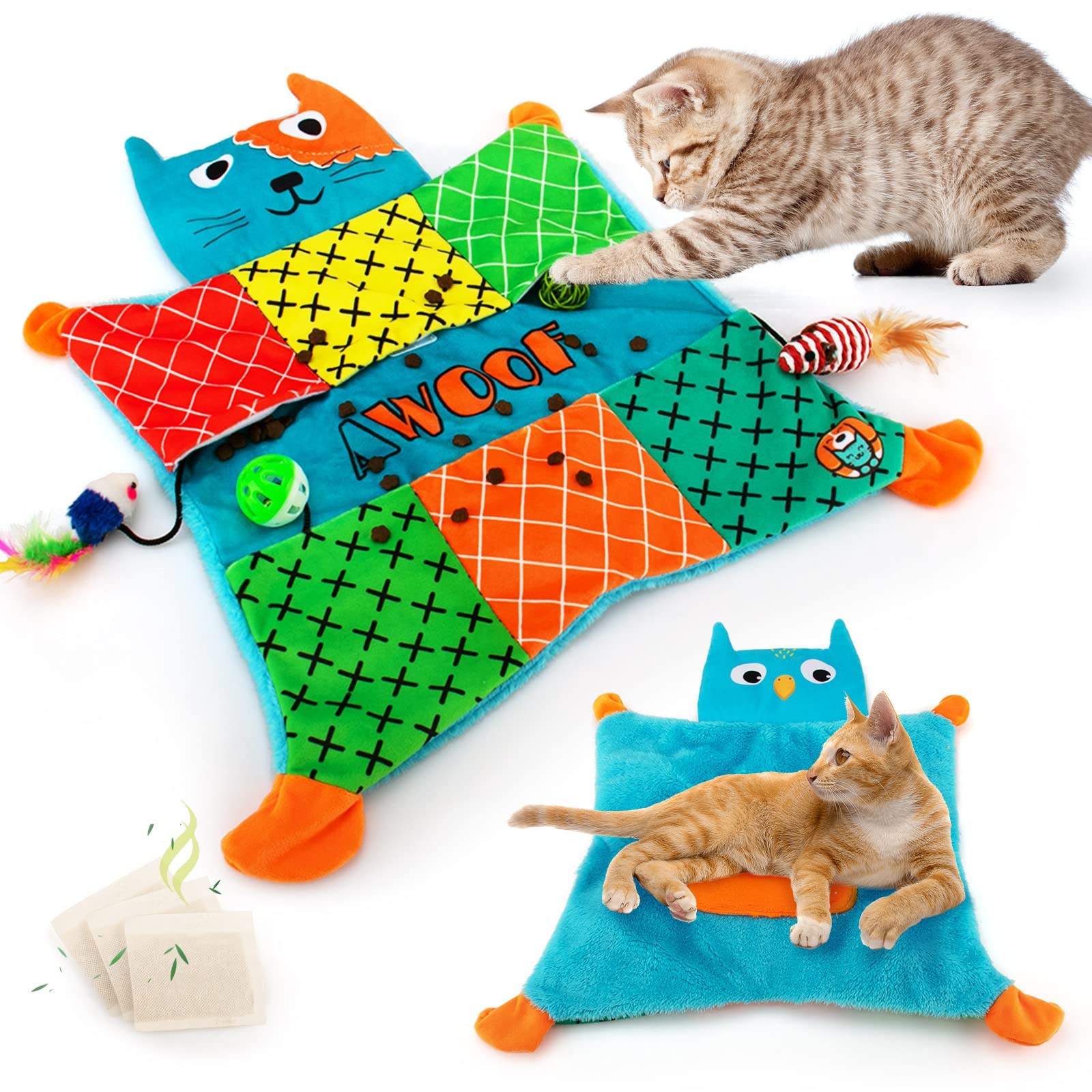 Awoof Cat Mat, Cute Soft Catnip Mat, Cat Activity Mat Machine Washable Catnip Toys Interactive Cat Toys For Indoor Cats, Self-Warming Crinkle Mat Cat Blanket For Small Medium Large Cats With 7 Pockets