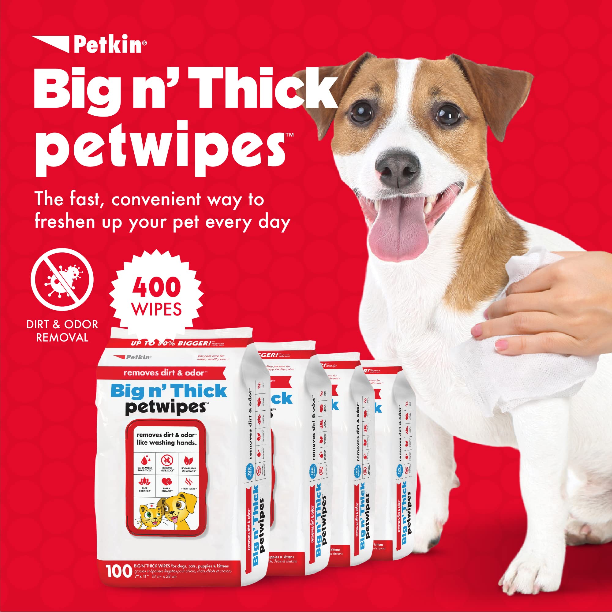 Petkin Pet Wipes For Dogs And Cats, 400 Large Wipes - Removes Dirt & Odor Like Washing Hands - Cleans Ears, Face, Butt, Eye Area