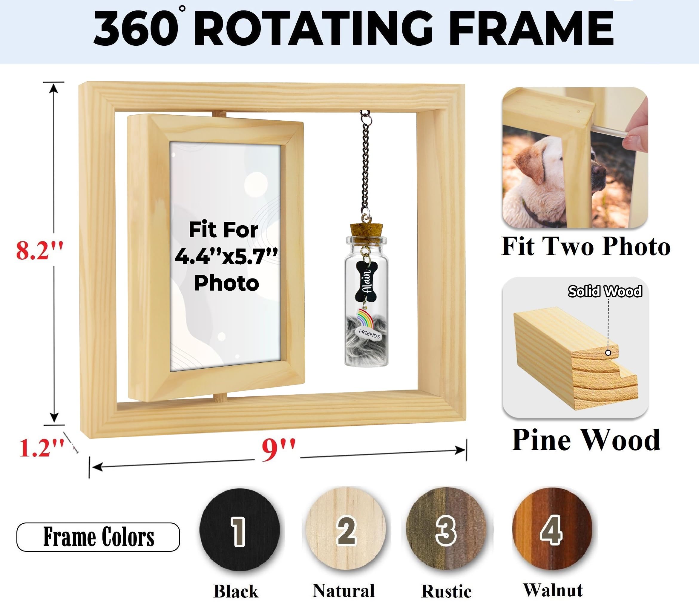 Pet Memorial Gift For Dogs Cats, Natural 360 Rotating Wooden Picture Frame 6X4 Photo, Pet Hair Keepsake Fur Jar Rainbow Bridge ,