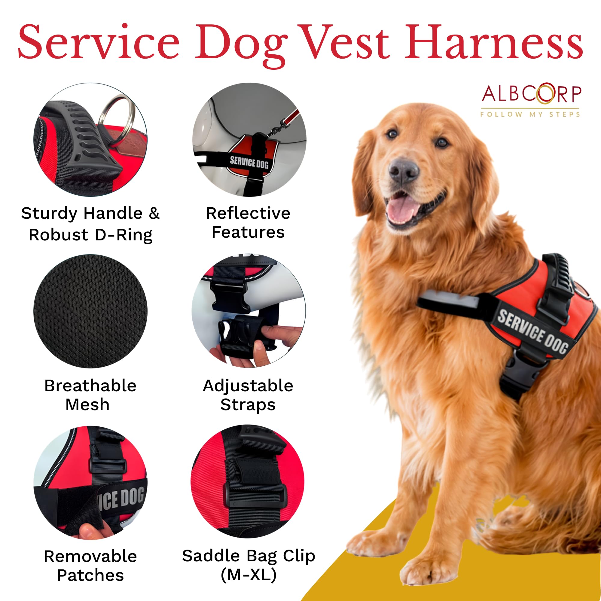 Albcorp Service Dog Vest Harness - Reflective - Woven Polyester And Nylon, Comfy Mesh Padding - Sizes From Xxs To Xl - Service Dog Patches Included. Maroon, Small