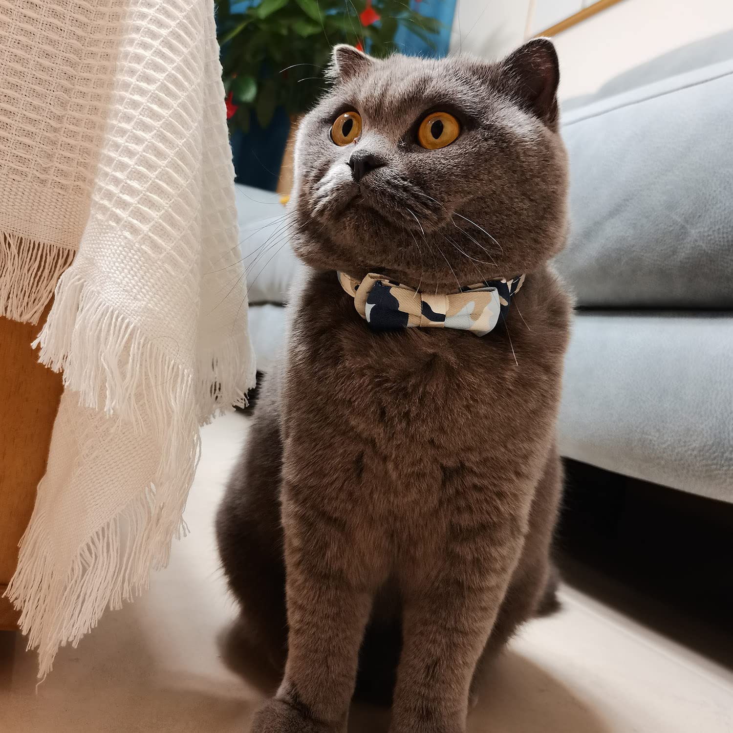 Cat Collar Breakaway With Bell And Bow Tie, Plaid Design Adjustable Safety Kitty Kitten Collars(6.8-10.8In)(Camo 3)