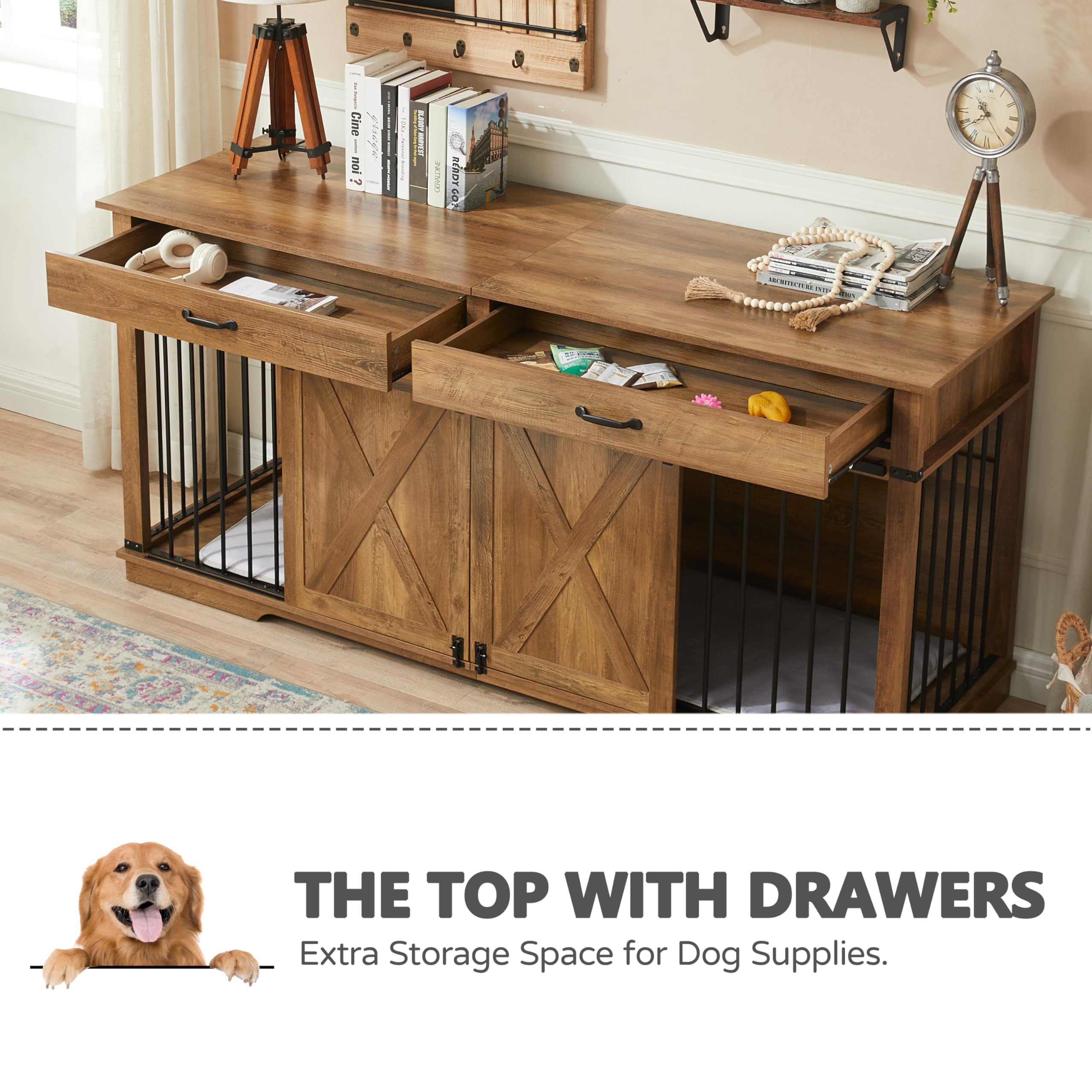 KACVON Dual Dog Kennel for 2 Medium Dogs, Rustic Oak Wooden Pet Crate, 72.5 Indoor Dog Cage & TV Stand, Extra Large with Removable Divider