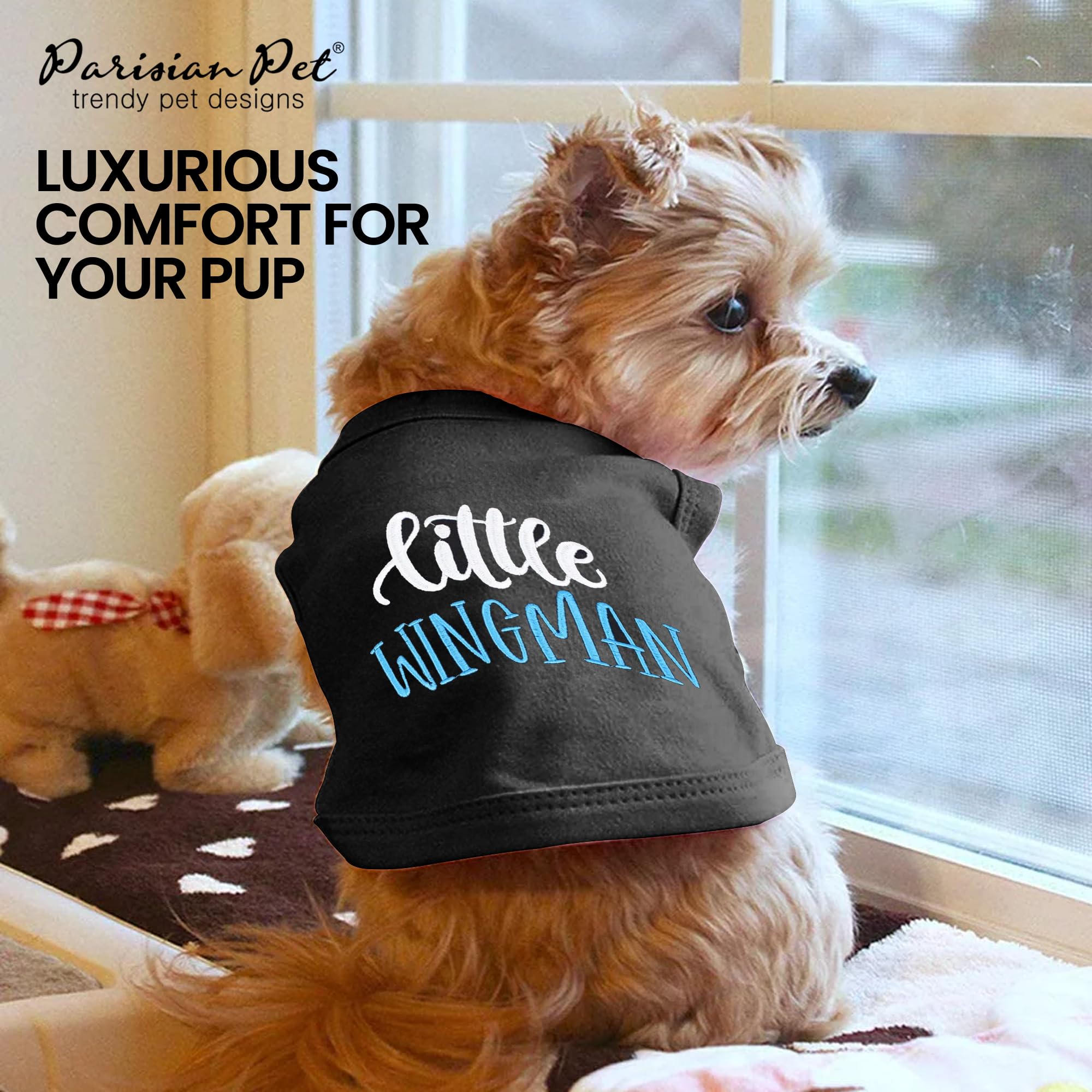 Parisian Pet Embroidered 'Little Wingman' Tshirt - Pure Cotton Lightweight Dog Clothes - Sleeveless Black Tee - Machine Washable