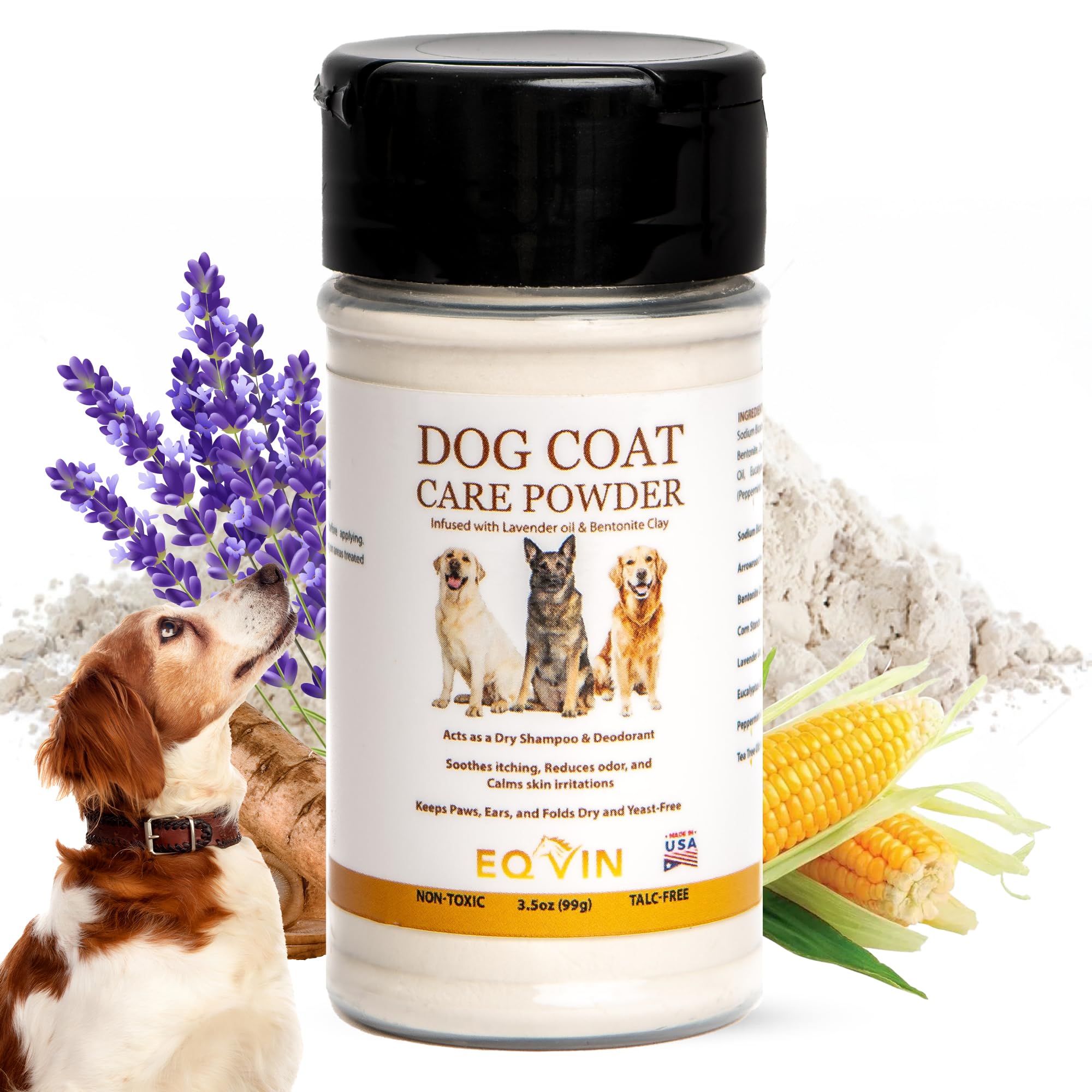 Eqvin Dog Coat Care Powder | Made in USA | Waterless Dry Shampoo & Deodorizer for Smelly Dogs, Anti-Itch Relief for Dry Itchy Sk