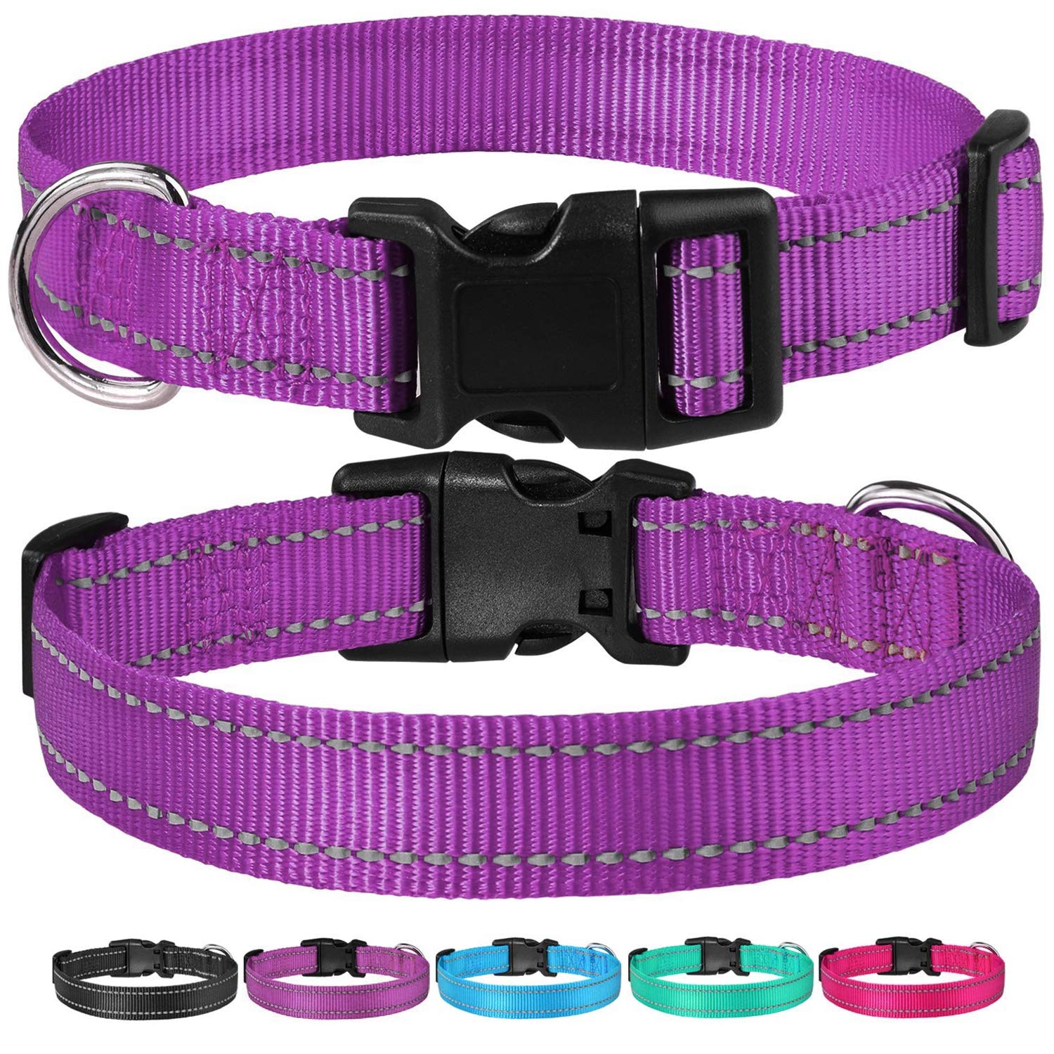 Reflective Dog Collar With Buckle Adjustable Safety Nylon Collars For Small Medium Large Dogs, Purple Xs