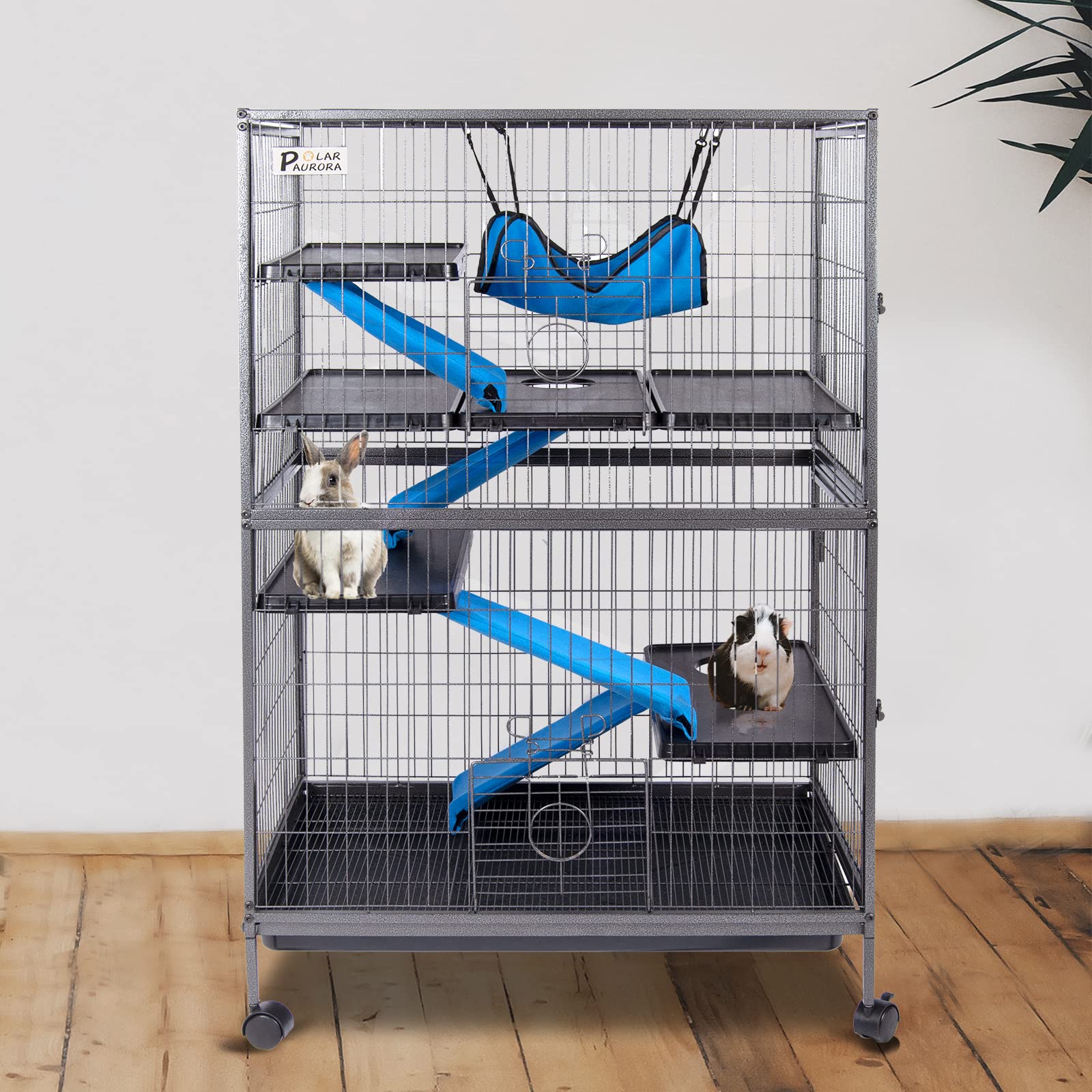 50' H 4 Tier Steel Plastic Deluxe Small Animal Pet Cage Kit For Guinea Pig Ferret Little Rabbit With Wheels Brakes Hammock Removable Tray And Ladder With Flannel