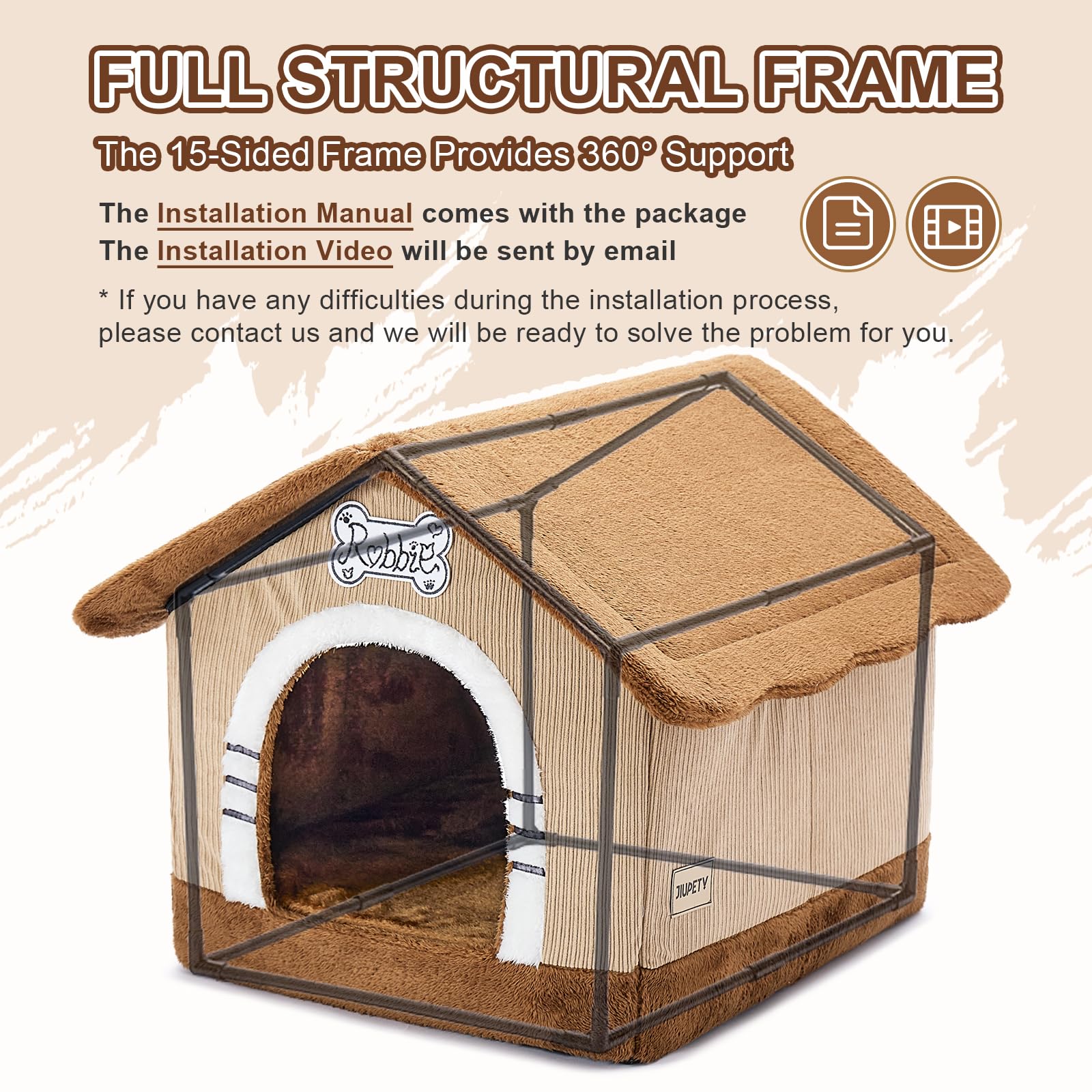 Jiupety Indoor Dog House With Frame, Large Dog Cave Bed, Insulated Cozy, Suitable For 25-60 Lb, Large Plus (30''  26''  25''), B