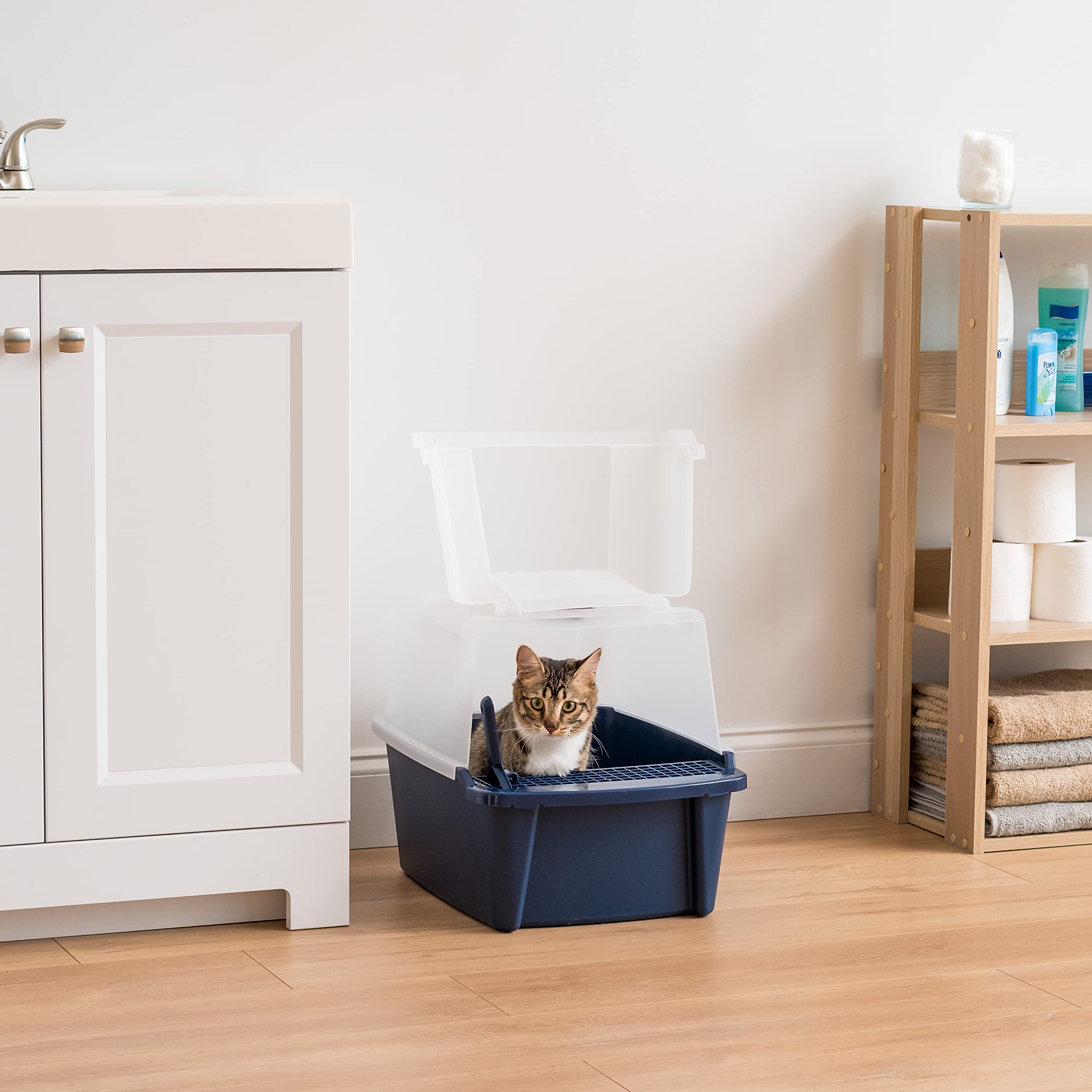 Iris Usa Cat Litter Box, Litter Box Enclosure With Scoop, Split Hood And Front Door Flap, Covered Kitty Litter Box For Privacy, Portable, Easy To Clean, Navy