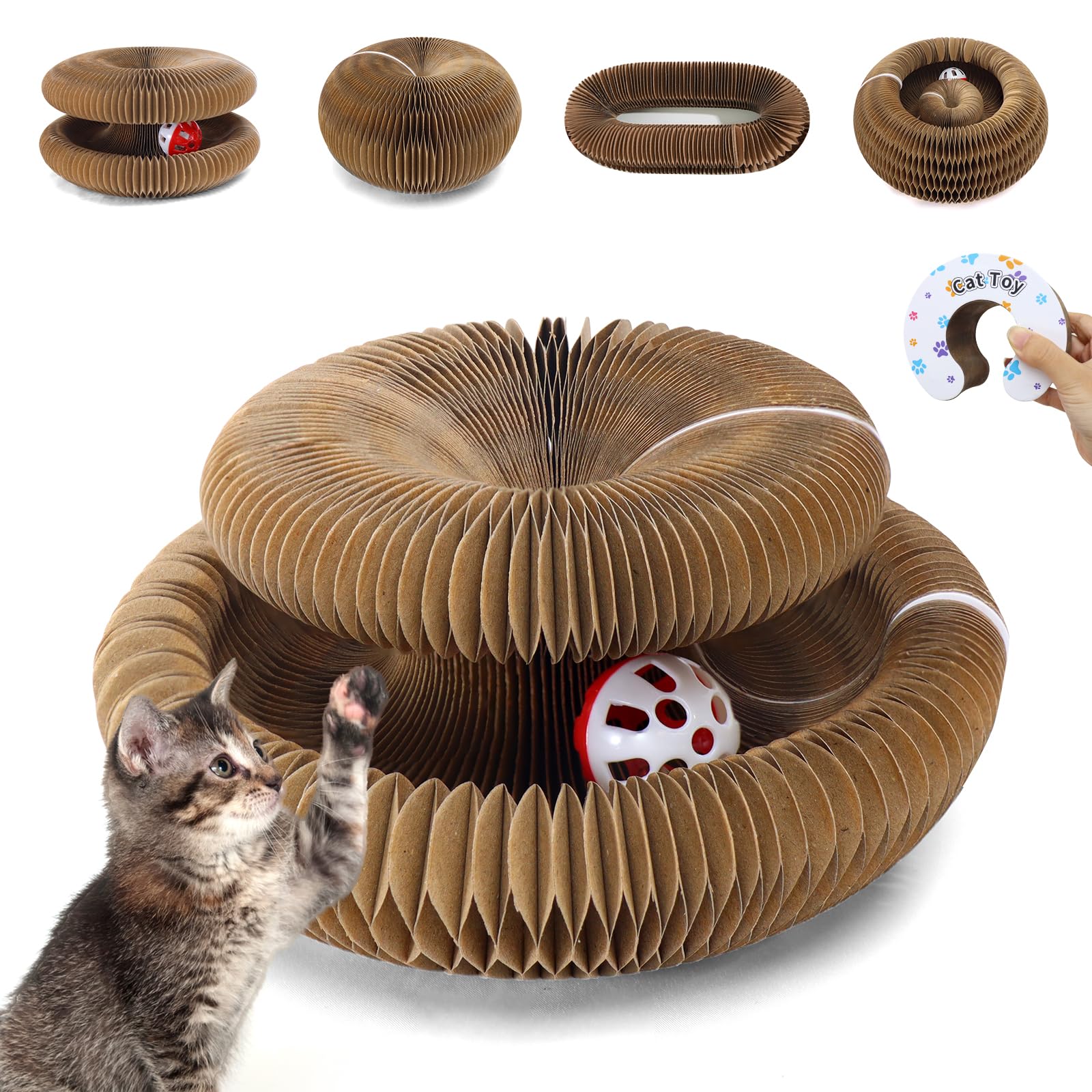 PETSWEET Magic Organ Cat Scratcher Cardboard, Interactive Scratch Cat Toy with Bell Ball, Foldable Scratching Board, Corrugated 