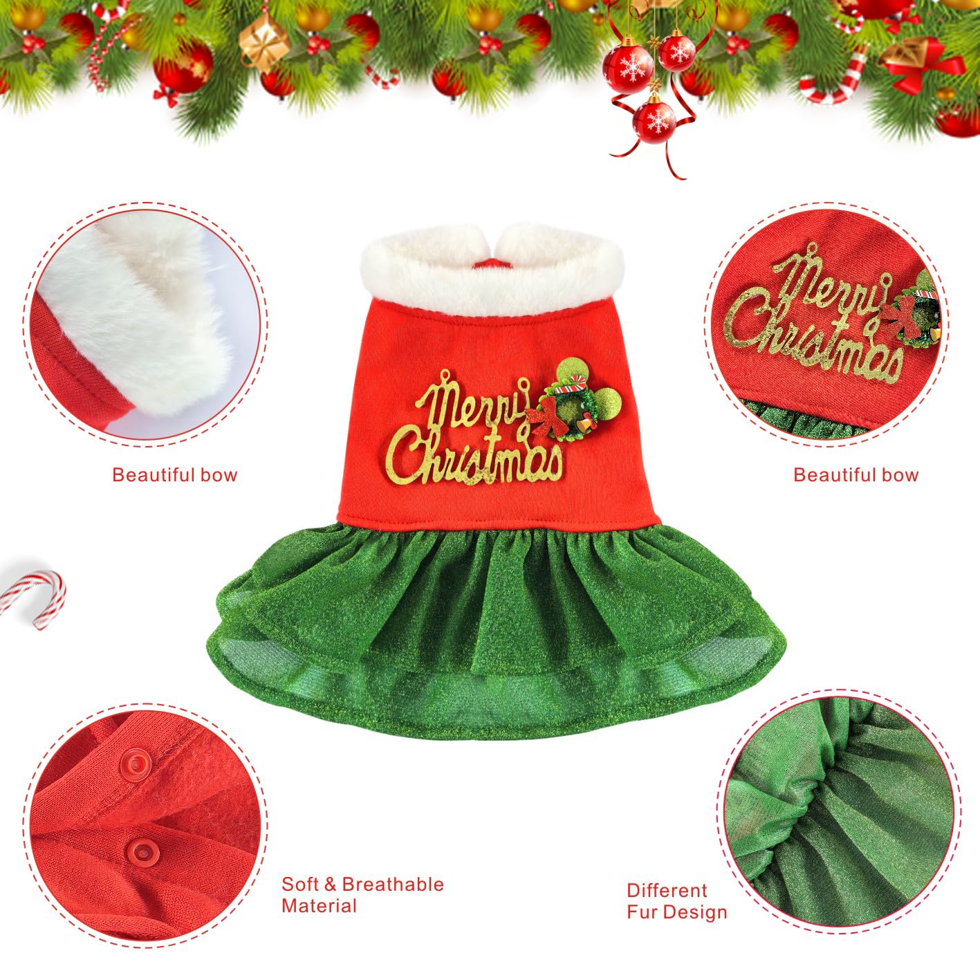 Otunrues Merry Christmas Dog Dress - Cute Holiday Costume Outfit For Small Medium Dogs - Fleece Clothes For Pets - Red & Green X