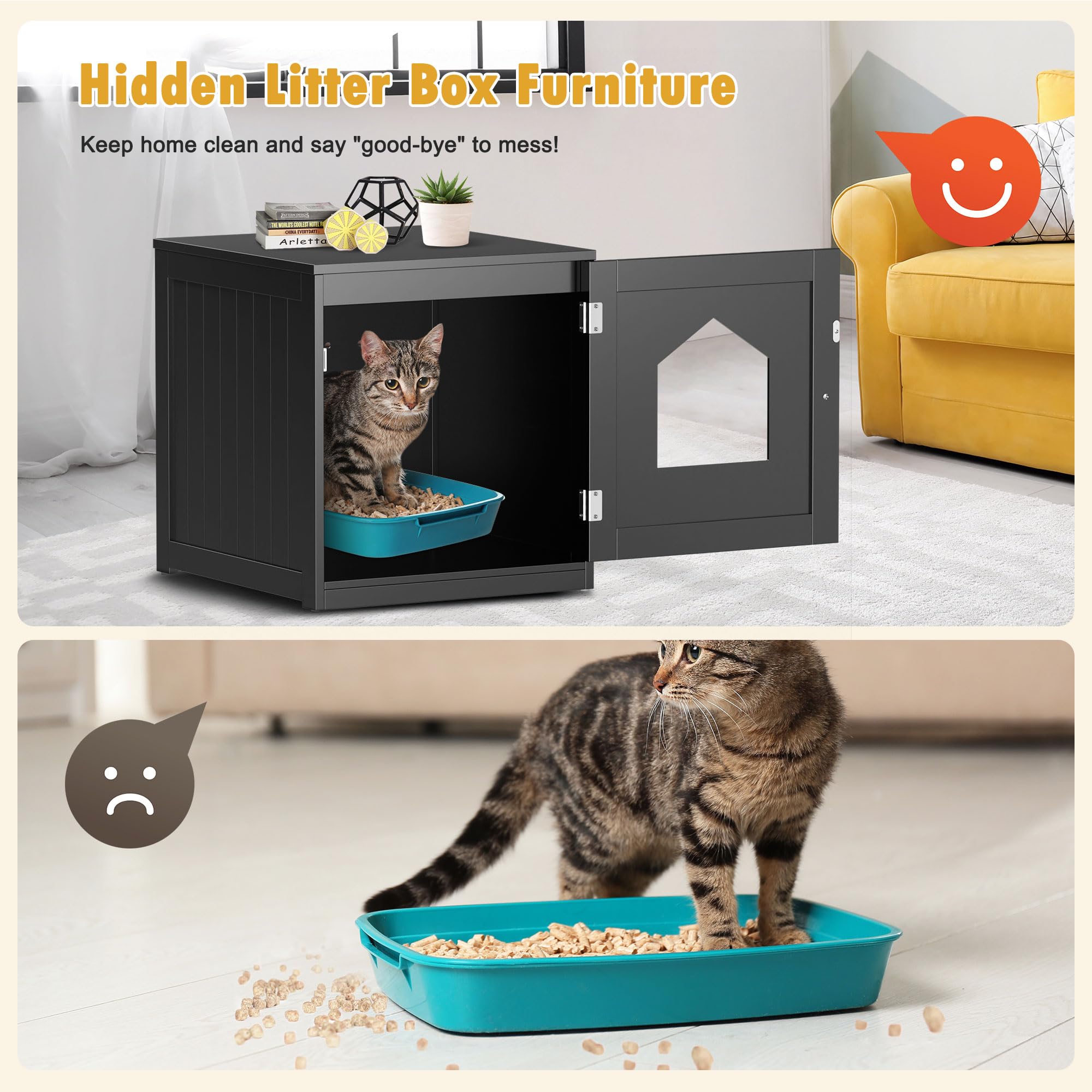 Nova Microdermabrasion Cat Litter Box Enclosure Hidden Kitty Litter Box Furniture Indoor Cat Box Cabinet Cat House & Side Table Nightstand Cat Washroom (Black)
