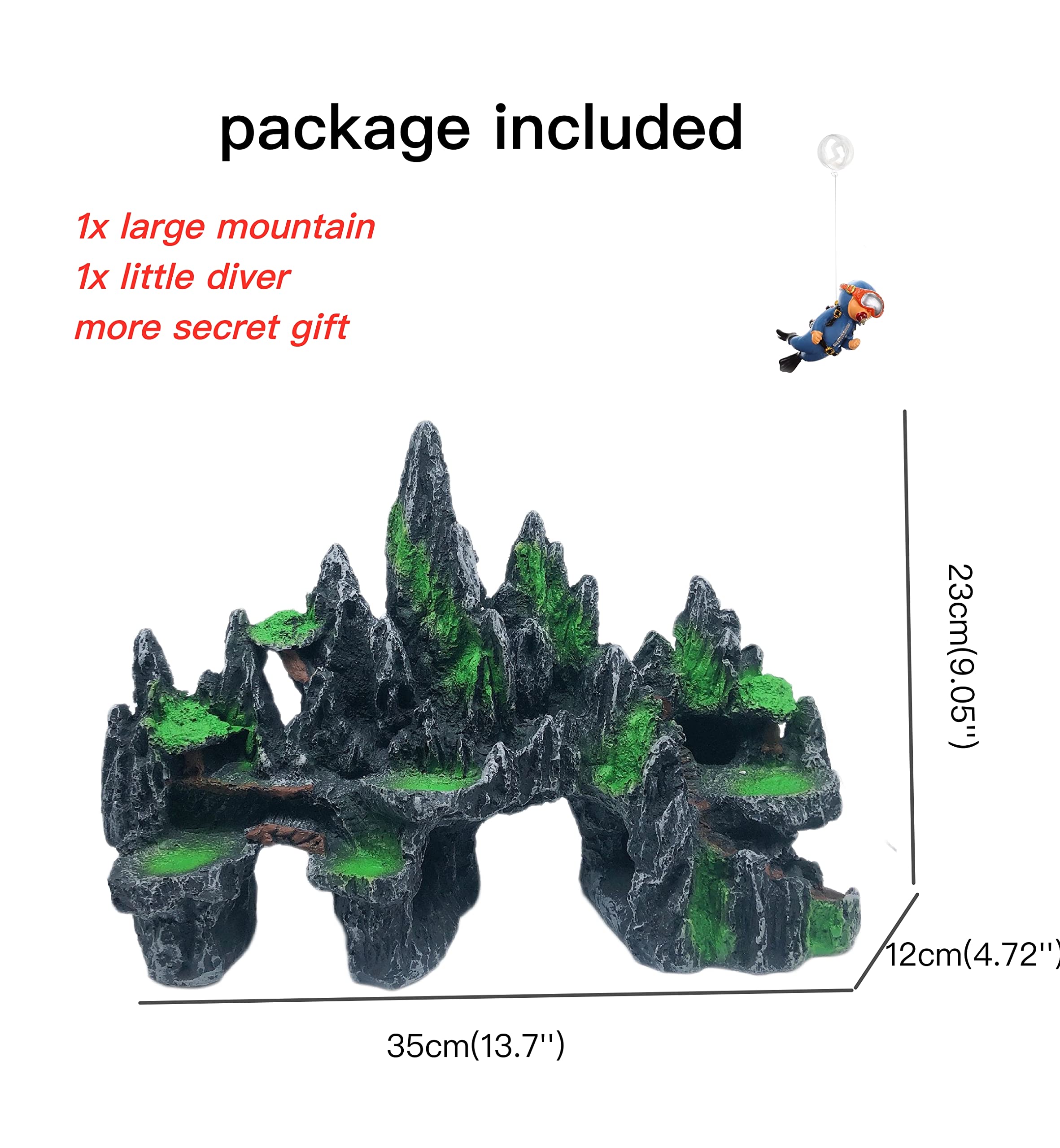 Awxzom Extra Large Aquarium Decorations, Big Mountain View Aquarium Ornaments, Large Fish Tank Decorations, Come With 1 Little Diver And 2X 4Inch Aquarium Plastic Plants (Extra Large Mountain)