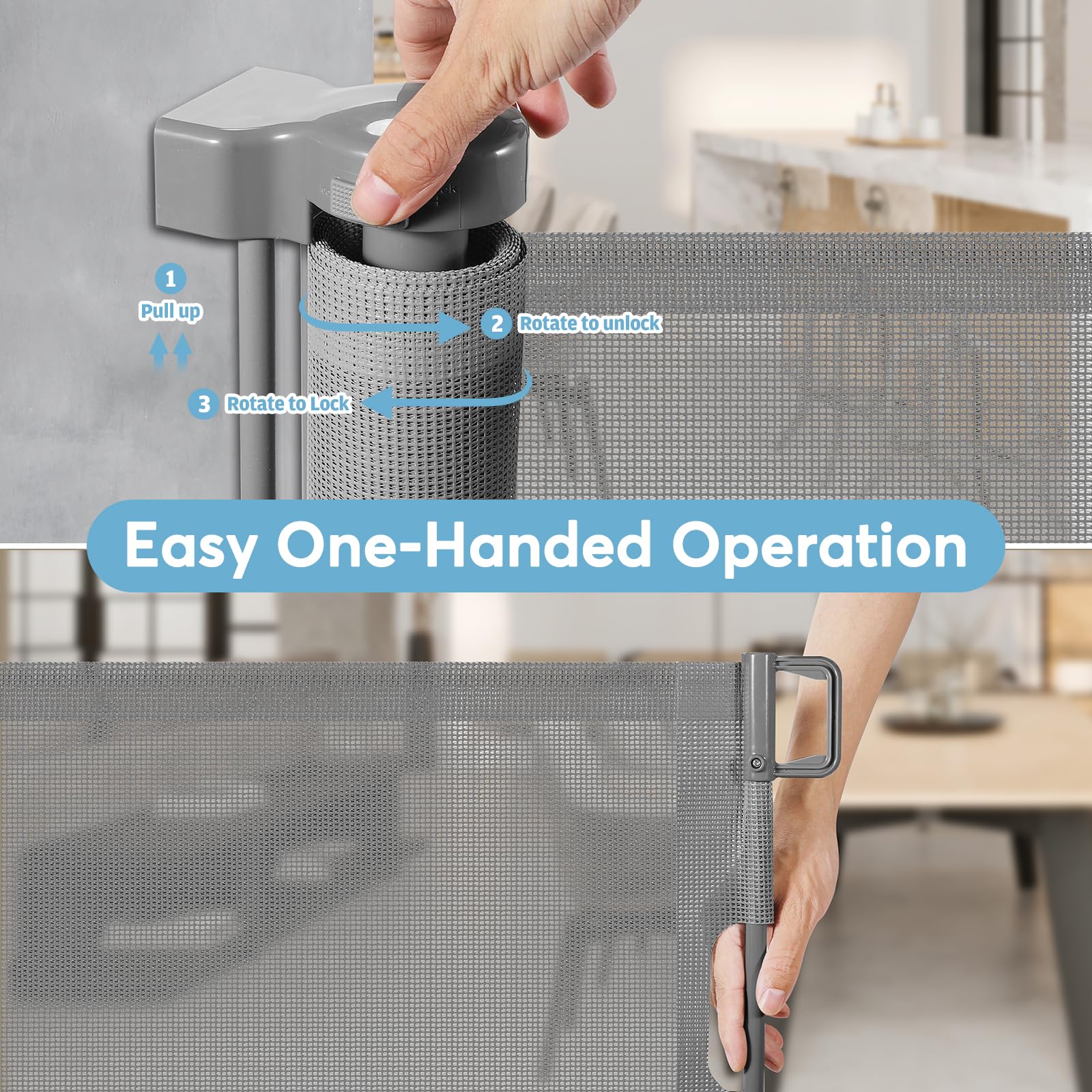 75 Inch Retractable Baby & Dog Gate - Wide & Extra Large Openings, Indoor & Outdoor Use, Gray