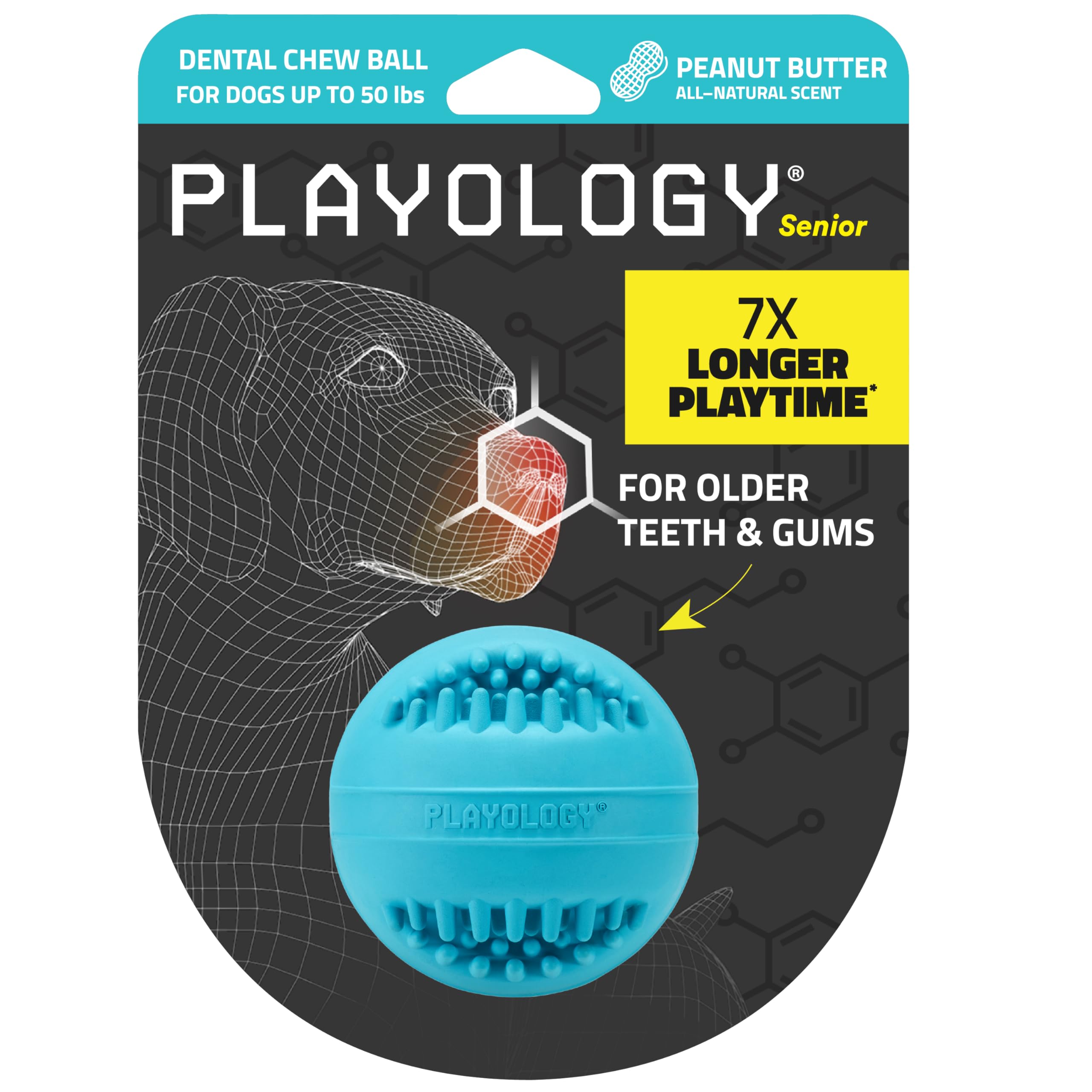 Playology Silver Dental Chew Ball For Medium Senior Dogs Up To 50Lbs | Engaging All-Natural Peanut Butter Scented Dog Chew Toy |