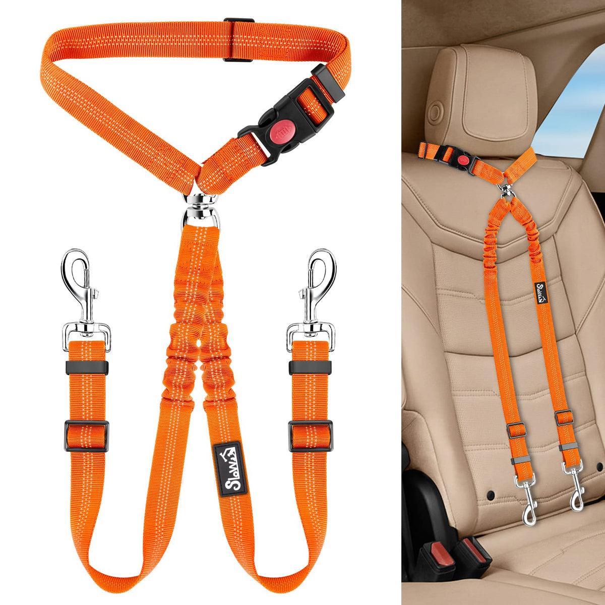 Lukovee Double Dog Seat Belt, New Dual Pet Car Headrest Restraint Safety Seatbelt No Tangle Dog Leash Duty Adjust Elastic Bungee Puppy Lead Splitter Connect Harness In Vehicle Travel For 2 Dogs (Or)