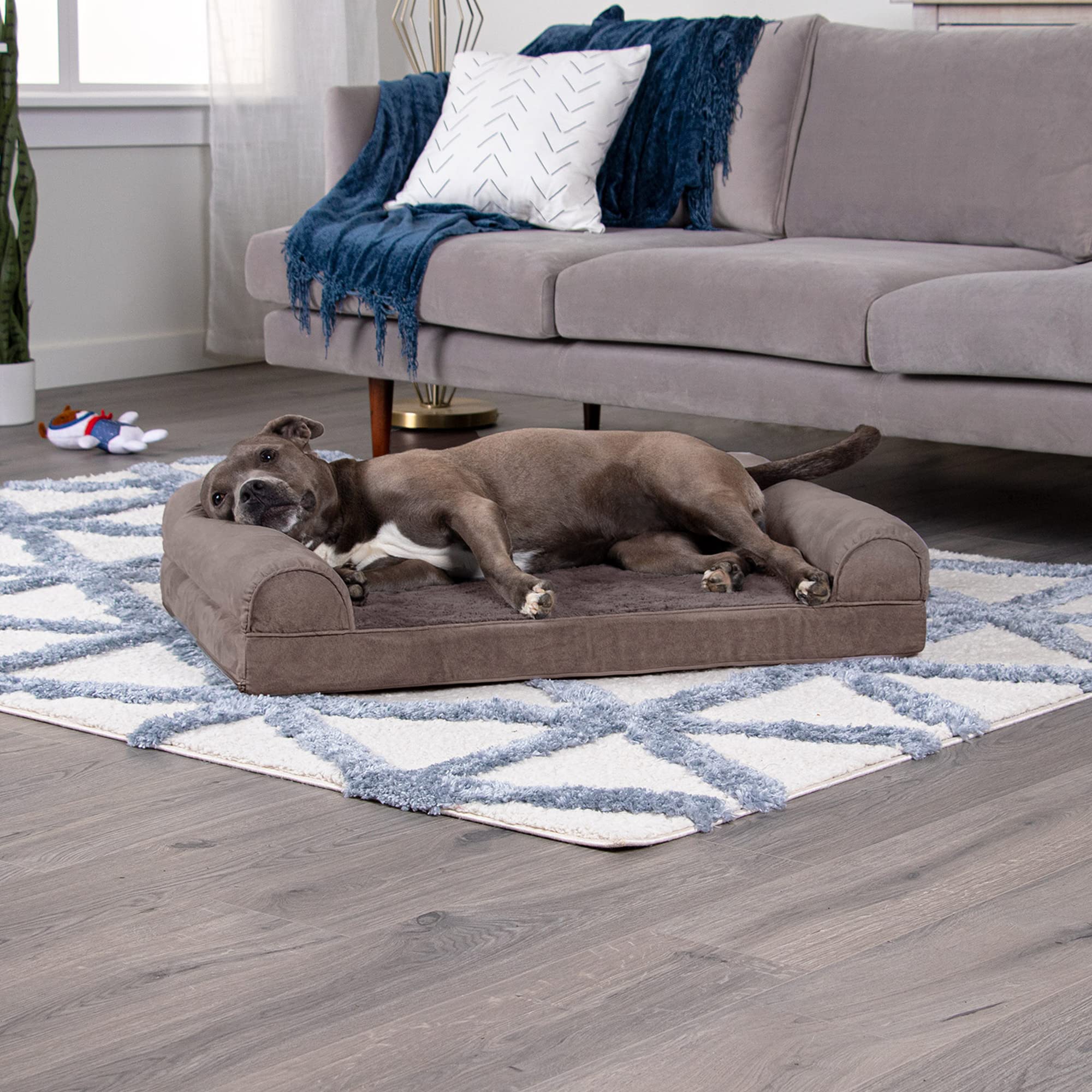 Furhaven Orthopedic Dog Bed For Large/Medium Dogs W/ Removable Bolsters & Washable Cover, For Dogs Up To 55 Lbs - Faux Fur & Velvet Sofa - Driftwood Brown, Large
