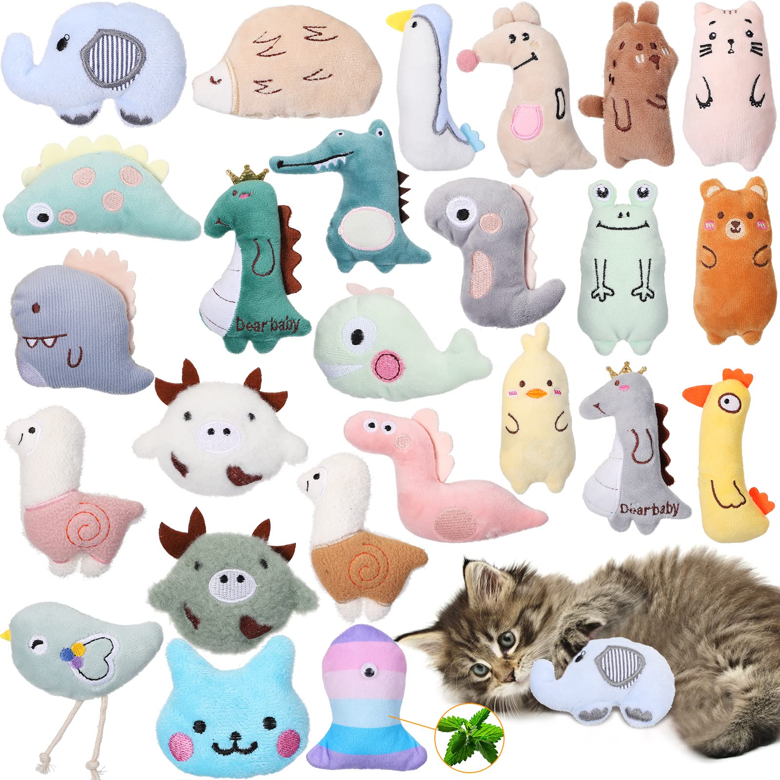 Sratte 25 Pcs Catnip Cat Chew Toy Interactive Catnip Filled Kitten Soft Cotton Cat Toys For Cats Kitten, Assorted Cat Teething C