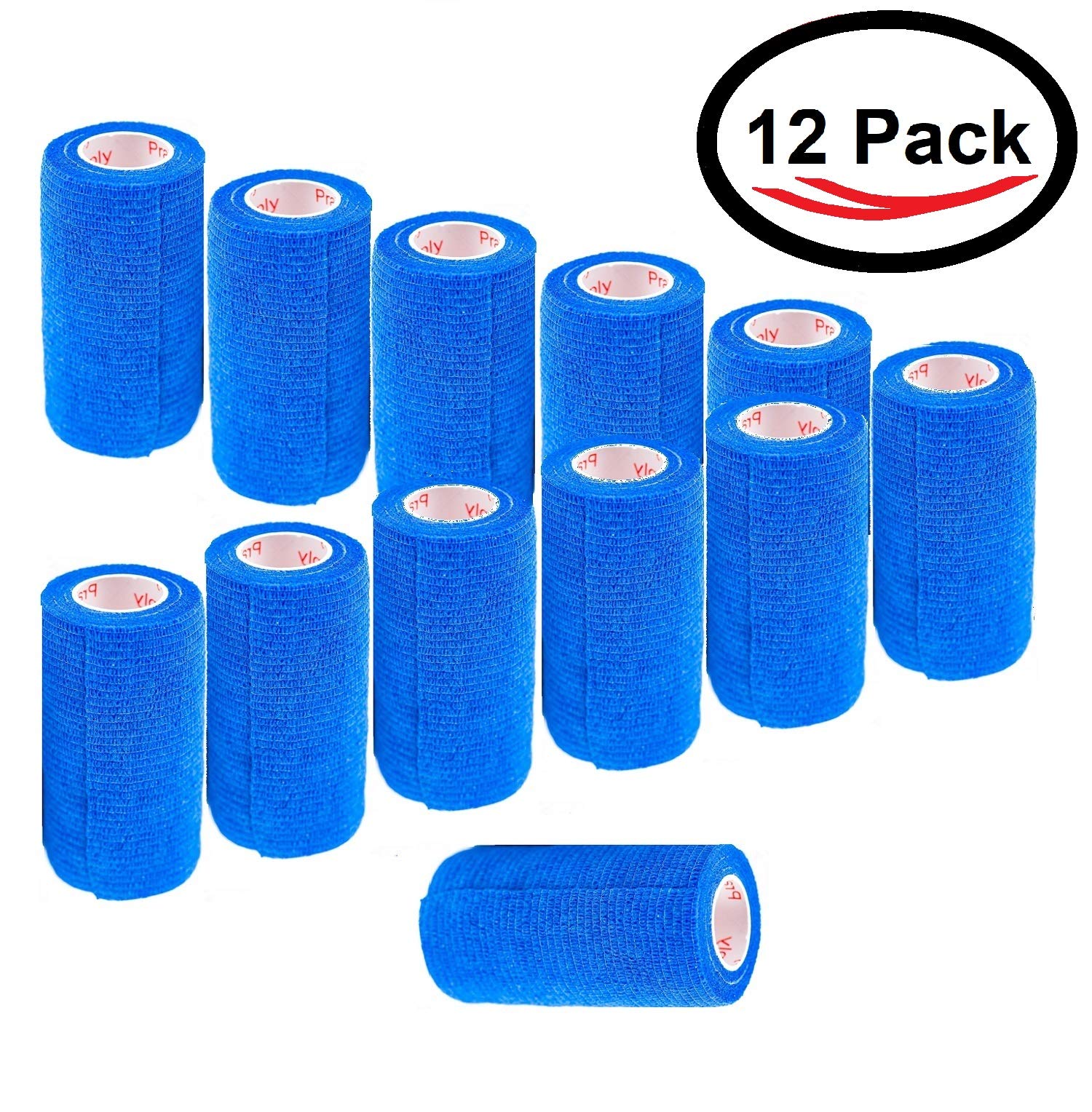4 Inch Vet Wrap Tape Bulk (Blue) (Pack Of 12) Self Adhesive Adherent Adhering Flex Bandage Grip Roll For Dog Cat Pet Horse