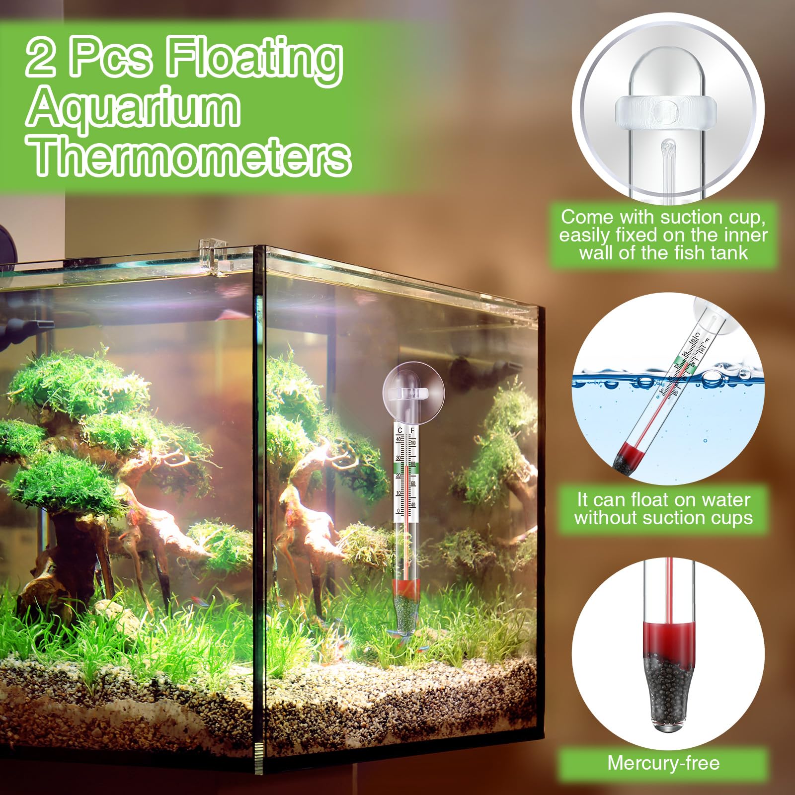Dreyoo 2 Pcs Floating Aquarium Thermometers, Floating Glass Aquarium Thermometer with Suction Cup, Mercury Free Large Standing T