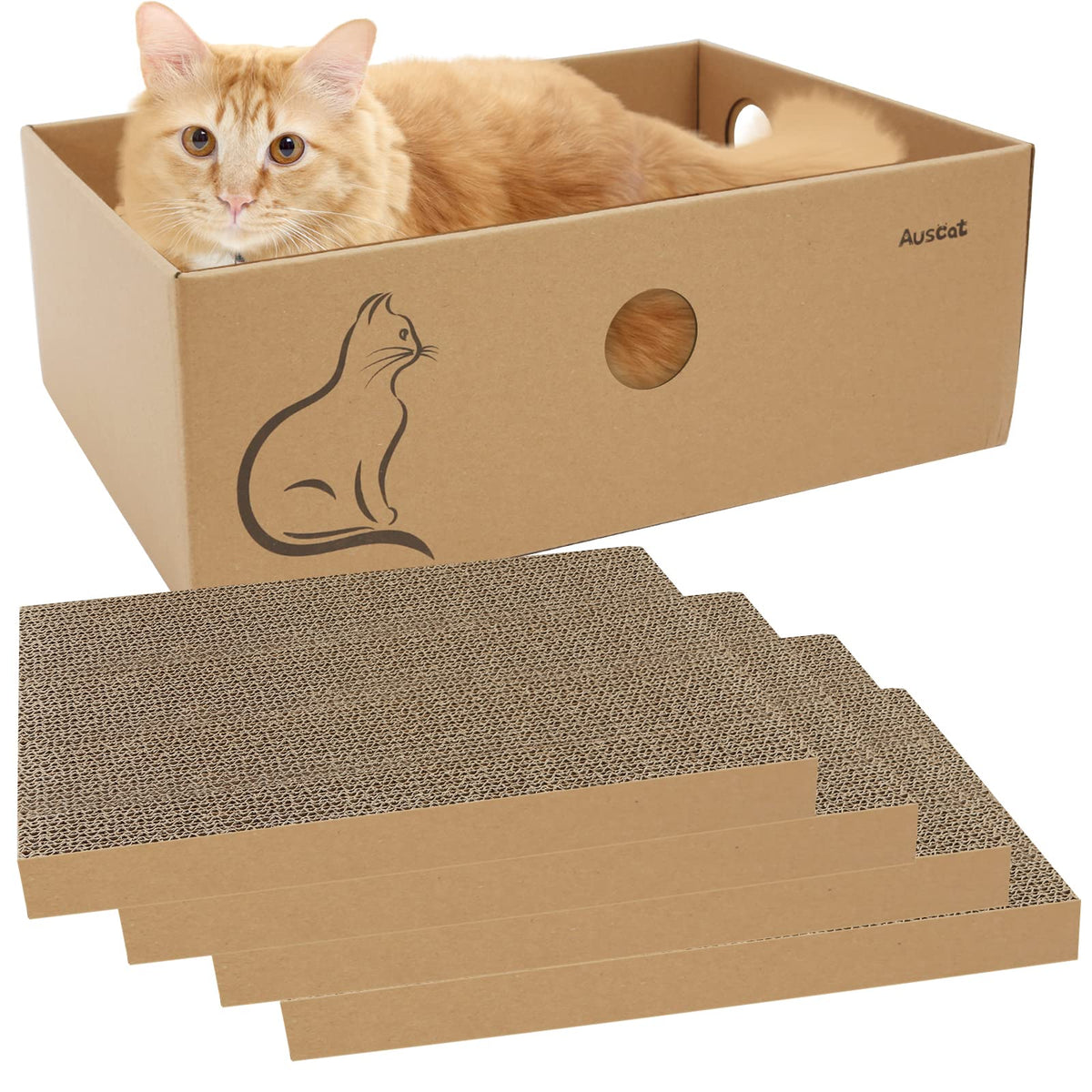 Auscat Cardboard Cat Scratcher With Box, 4 Pcs Reversible Cat Scratch Pad Replace For Cat Book Scratcher, Corrugated Cardboard Scratching Lounge For Indoor Kitty To Rest And Play