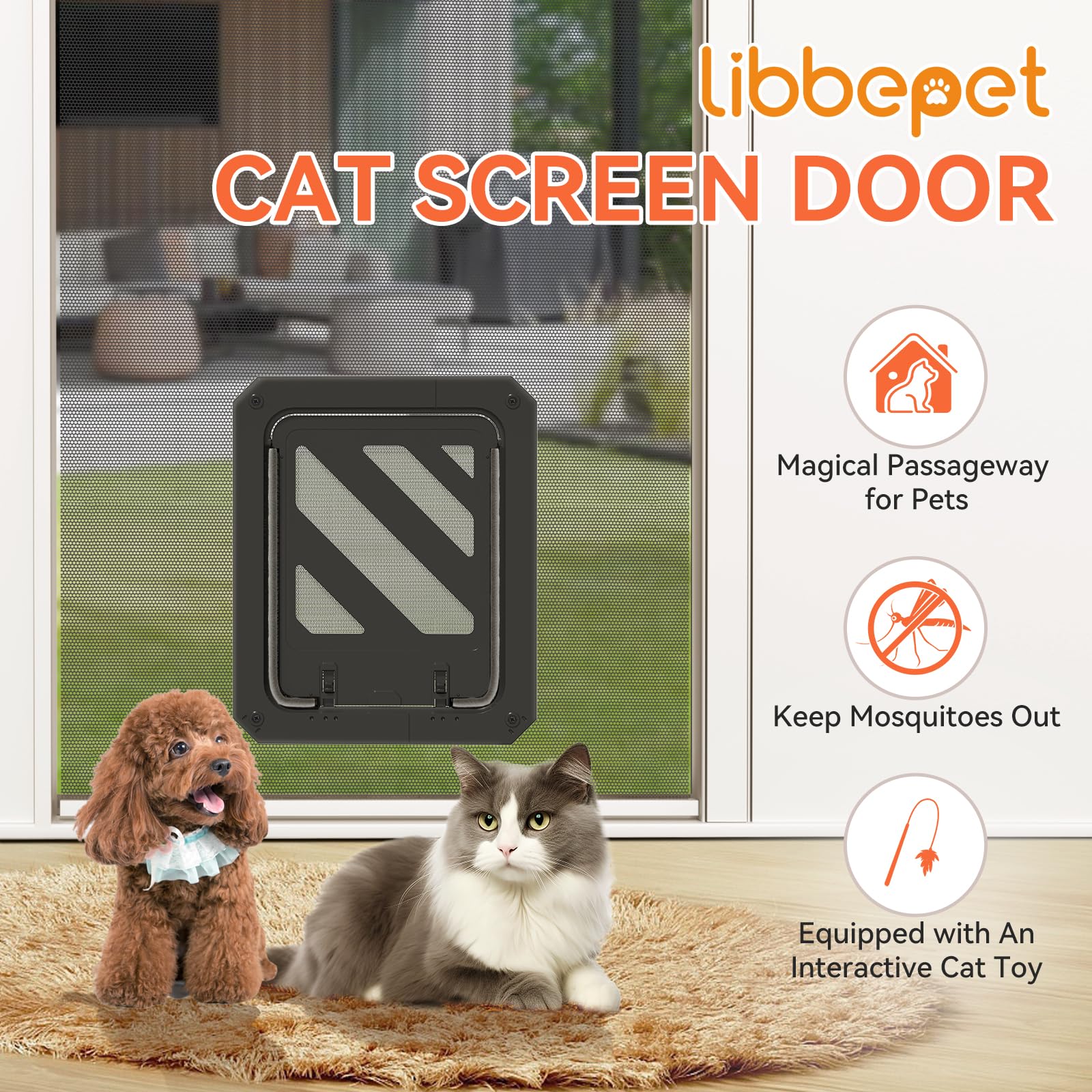 LIBBEPET Cat Door for Screen Door, Lockable Cat Screen Door for Cats & Small Dogs Up to 20 lbs, Magnetic Flap Opening 7 x 9 inch