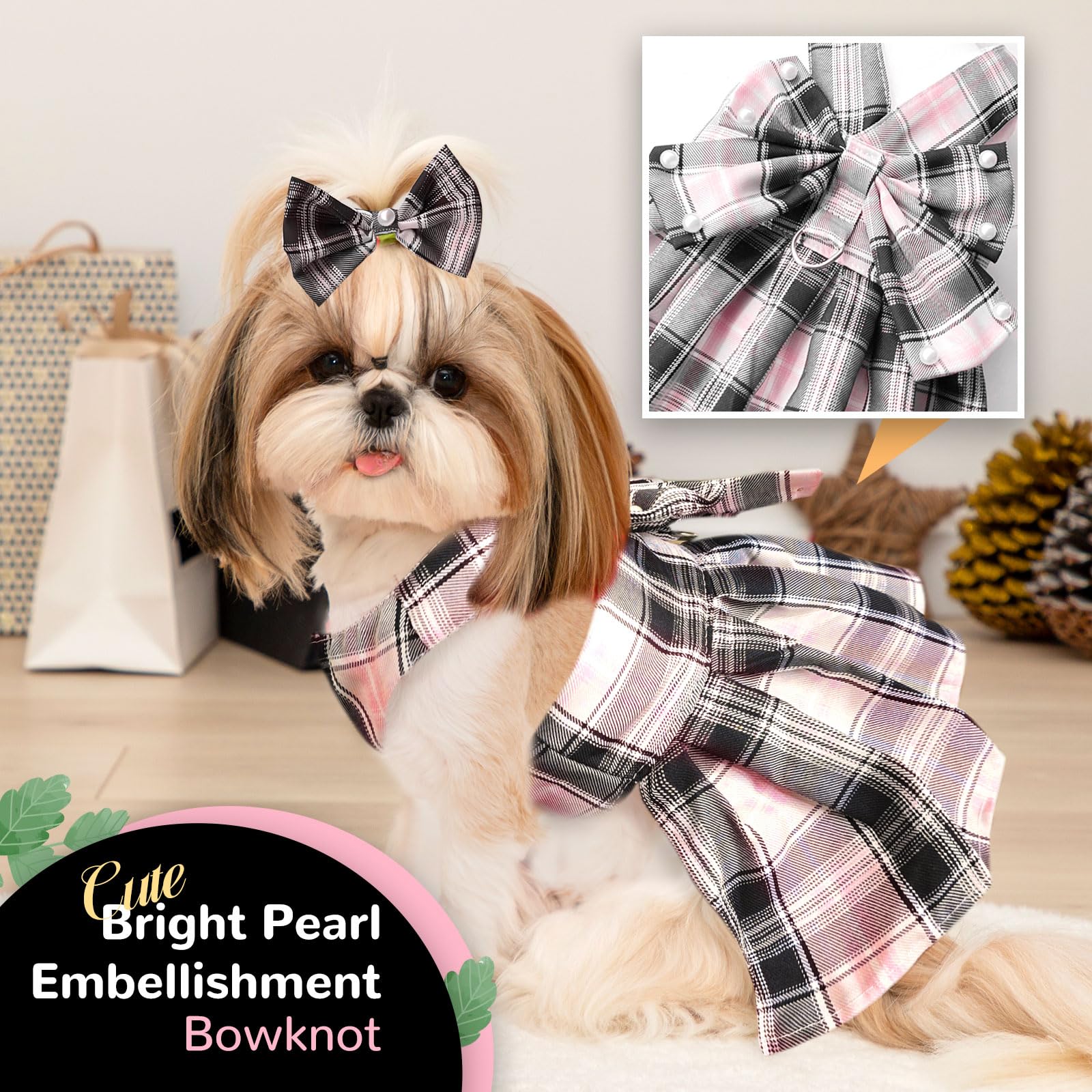 Petcare Cute Dog Dress Clothes For Small Dogs Cats Girl Female Pink Plaid Bow Tie Dog Harness Dresses Leash Set With Pearls Bow