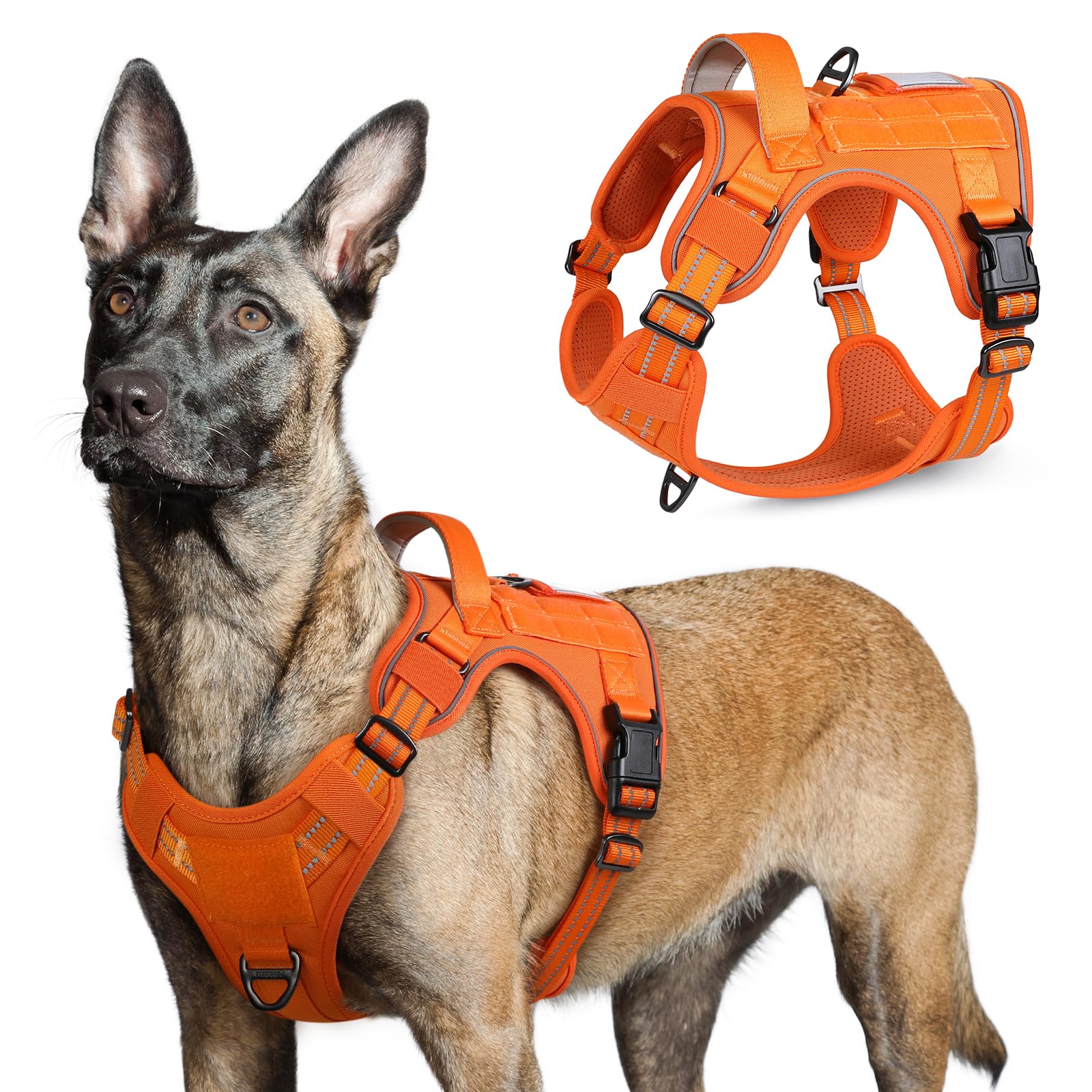 Rabbitgoo Tactical Dog Harness For Large Dogs, No Pull Military Dog Harness With Handle & Molle, Easy Control Service Dog Vest Training Walking, Adjustable Reflective Tactical Pet Harness, Orange, L