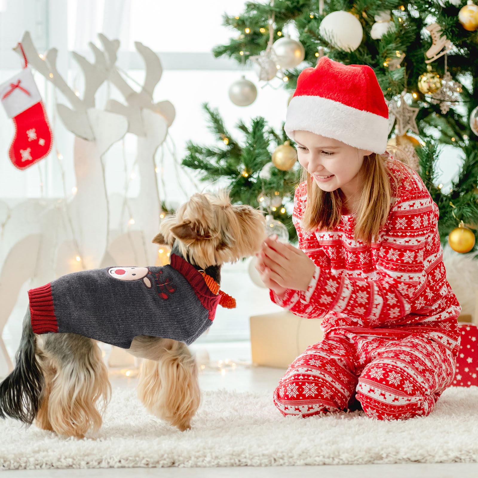 Axiijgl Christmas Sweaters For Dogs & Cats - Reindeer Fleece Sweaters With Leash Hole For Winter Holidays