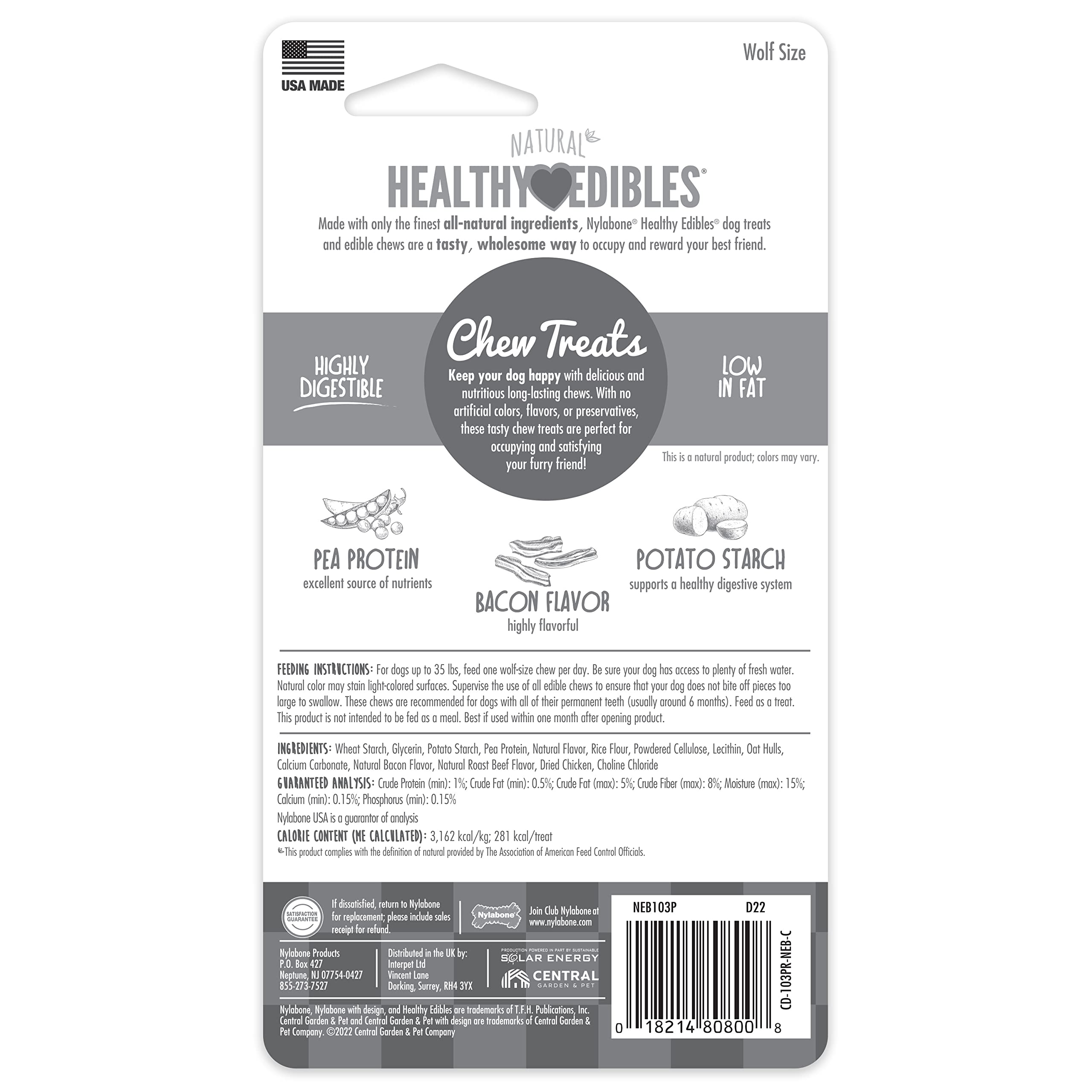 Nylabone Healthy Edibles Natural Dog Chews Long Lasting Bacon Flavor Treats for Dogs, Medium/Wolf (1 Count)