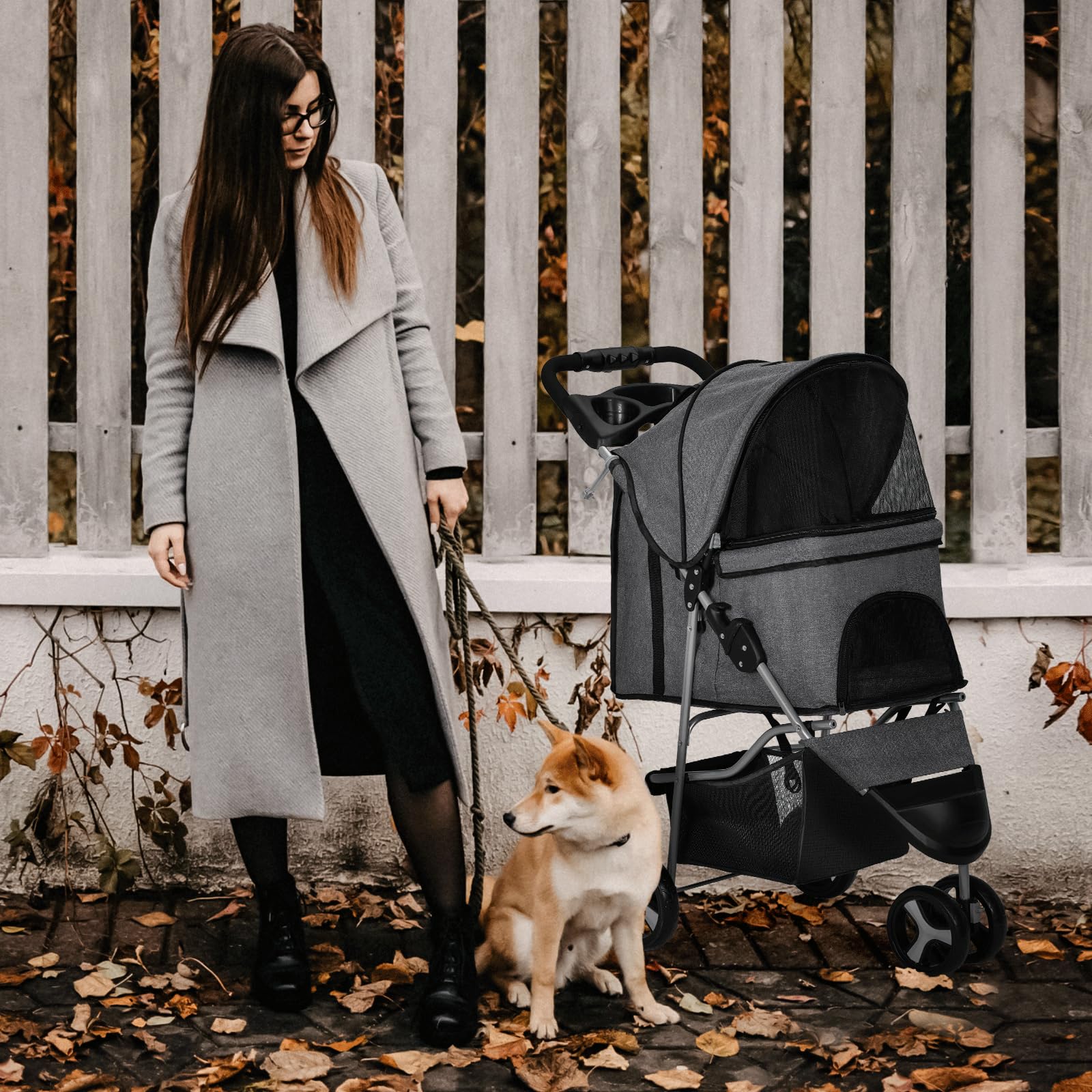 Monibloom 3 Wheels Pet Dog Cat Stroller For Small Medium Dogs And Cats, Lightweight Foldable Jogger Stroller W/Storage Basket And Cup Holder, Gray