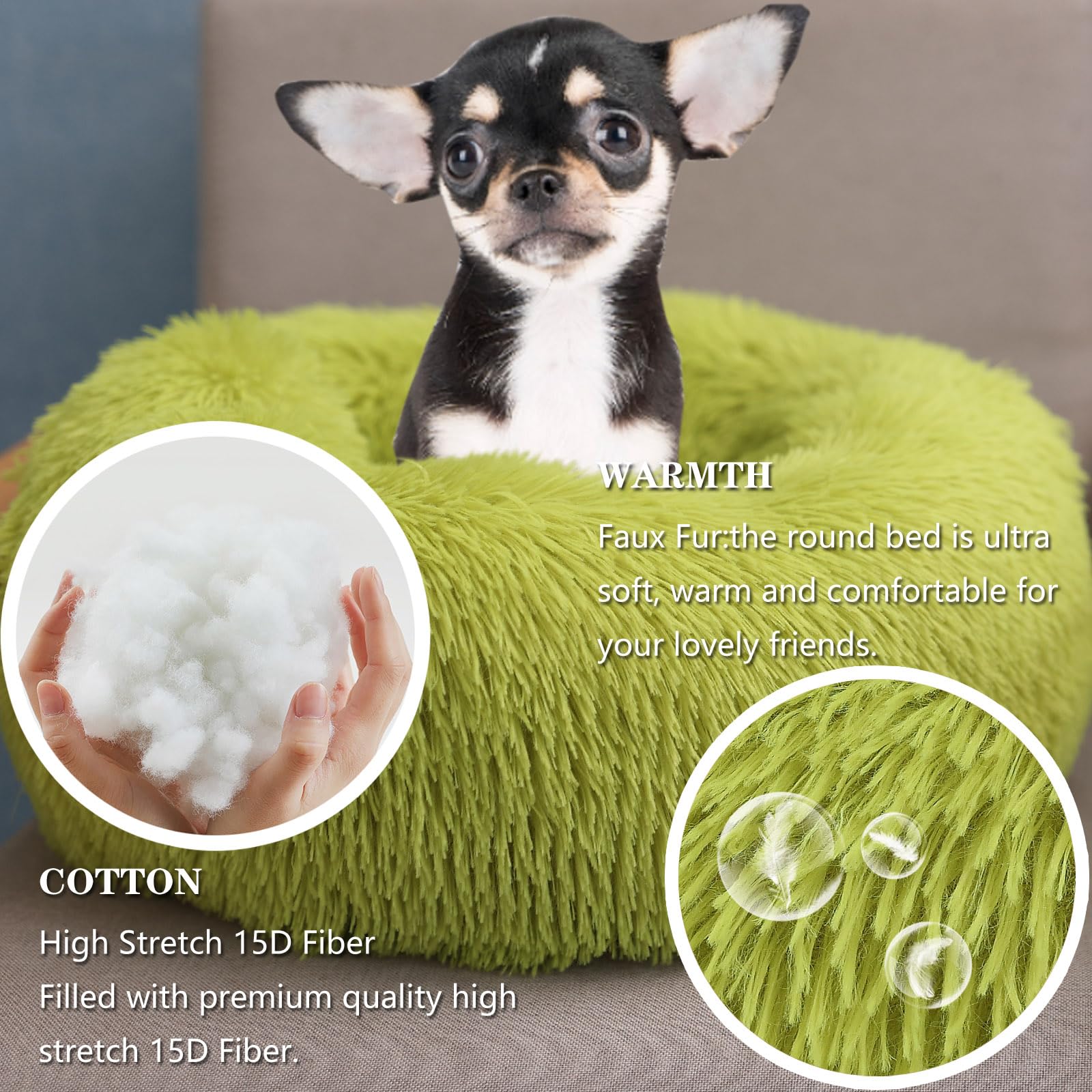 Extra Small Dog Bed Green Washable 15 inches Donut Soft Small Pet Bed,Calming Anti Anxiety Round Fits up to 5 lbs Warm Comfort P