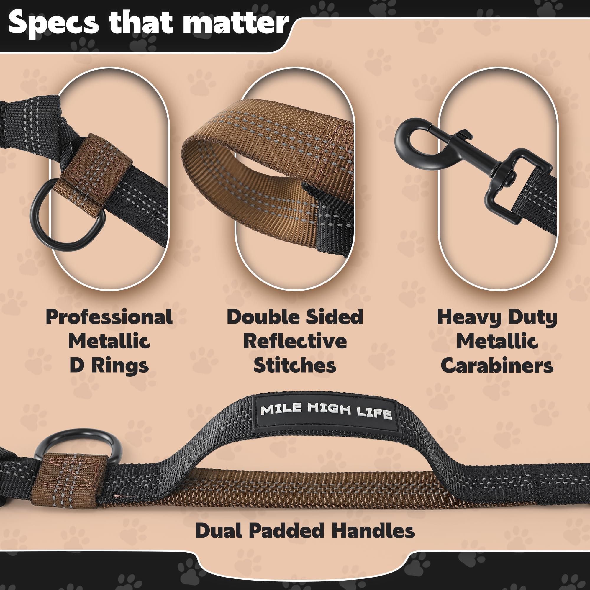 Mile High Life | Retractable Hands Free Dog 7Ft Leash | Waist Running Adjustable | Reflective Dual Black Bungees | Dual Handles | Small Medium Large Dogs | (Brown)