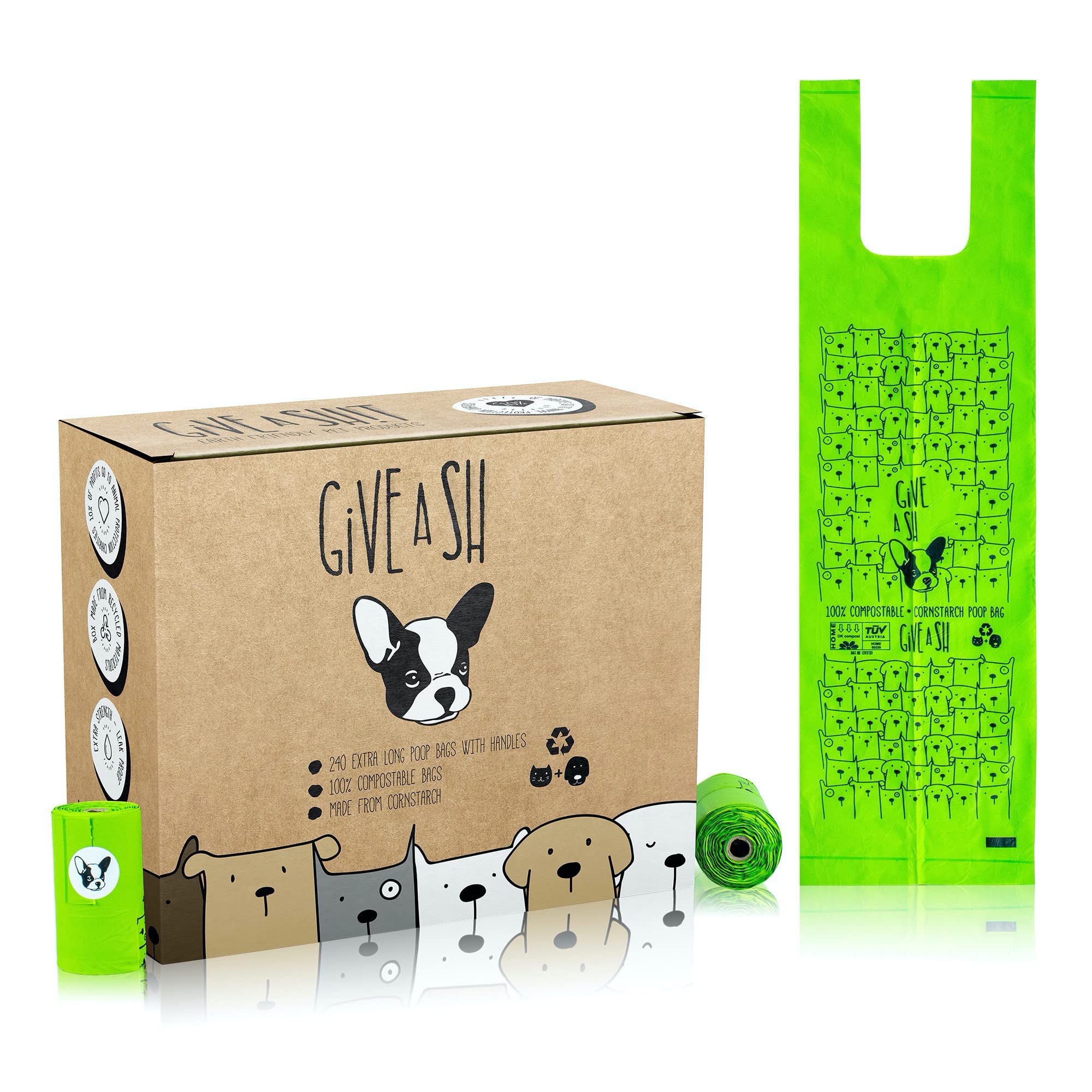 100% Certified Home Compostable Dog Poop Bags with Handles - 10% to Charity - ASTM D6400 & EN 13432 Compliant - 240 x Plant Base